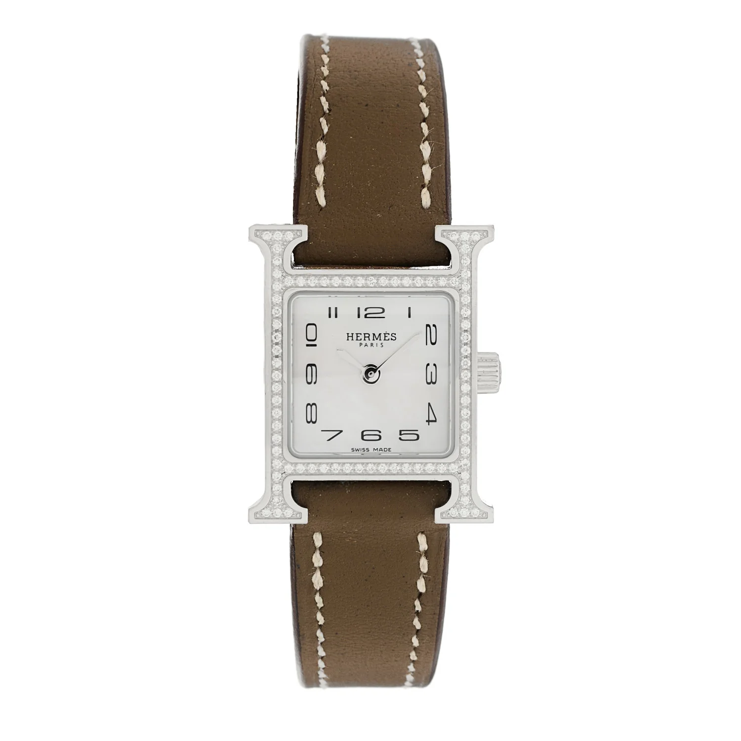Stainless Steel Swift Diamond Bezel Mother of Pearl 17.2mm Heure H Hour Quartz Watch Etoupe