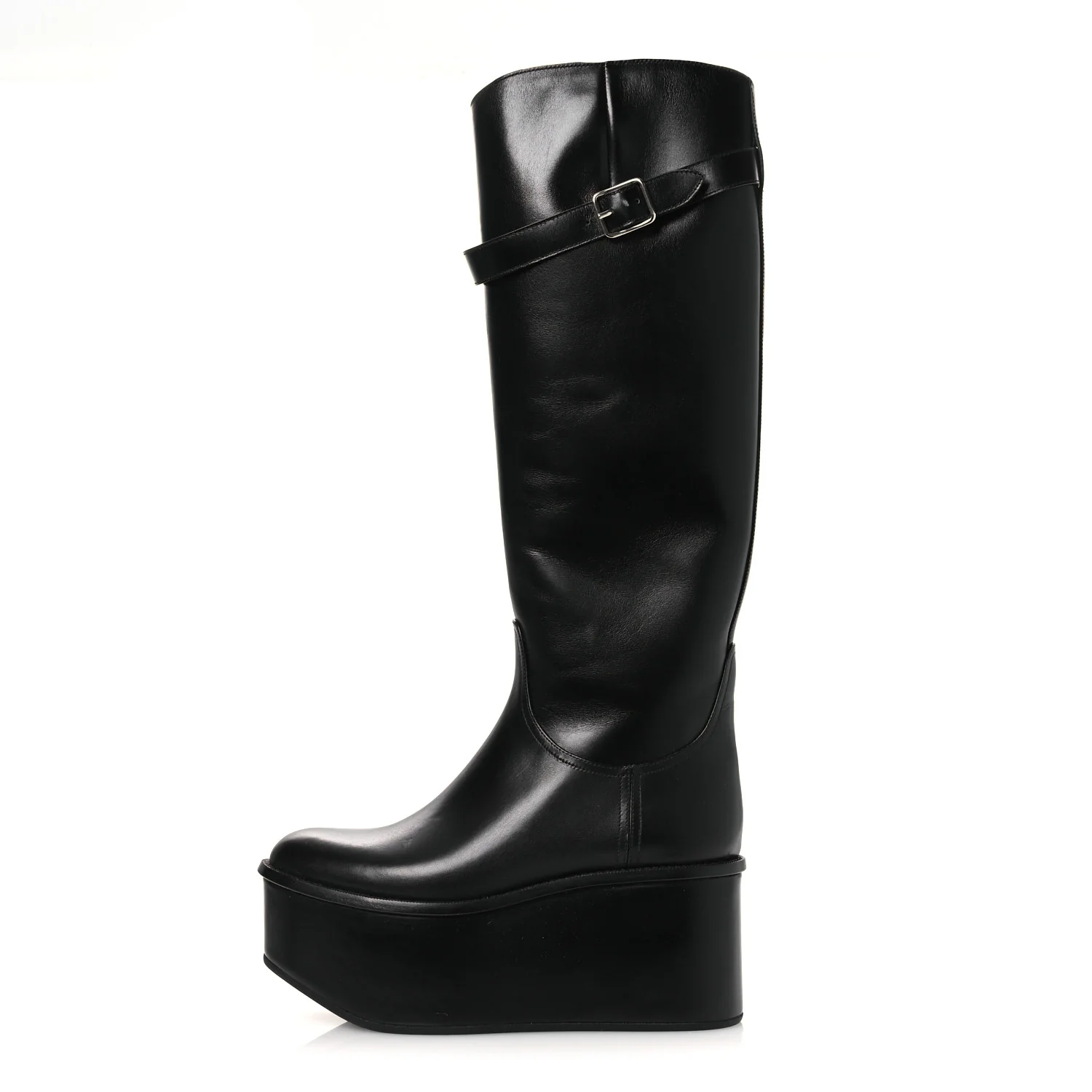 Calfskin Wedge Riding Boots 38 Black