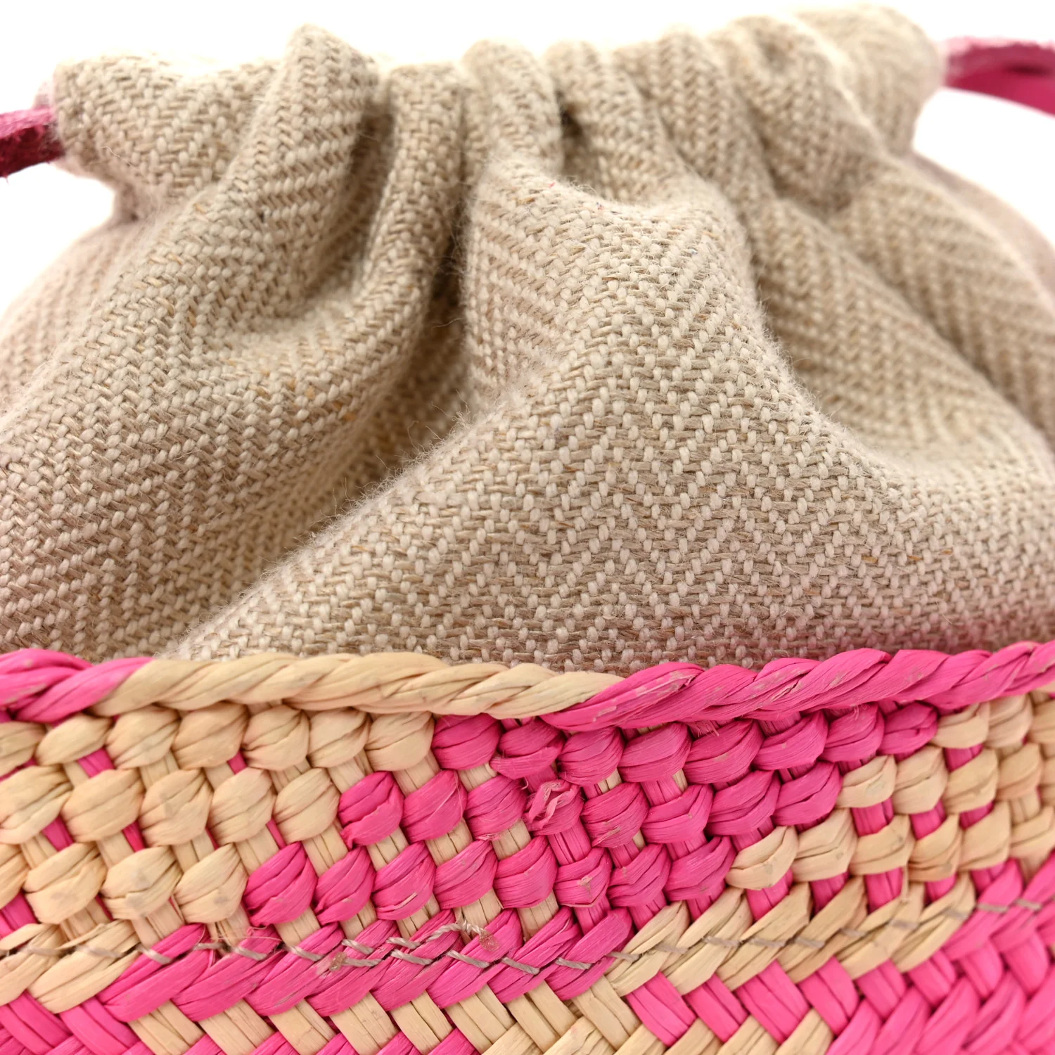 Iraca Palm Calfskin Anagram Square Pocket Bucket Bag Natural Fuchsia - Image 12