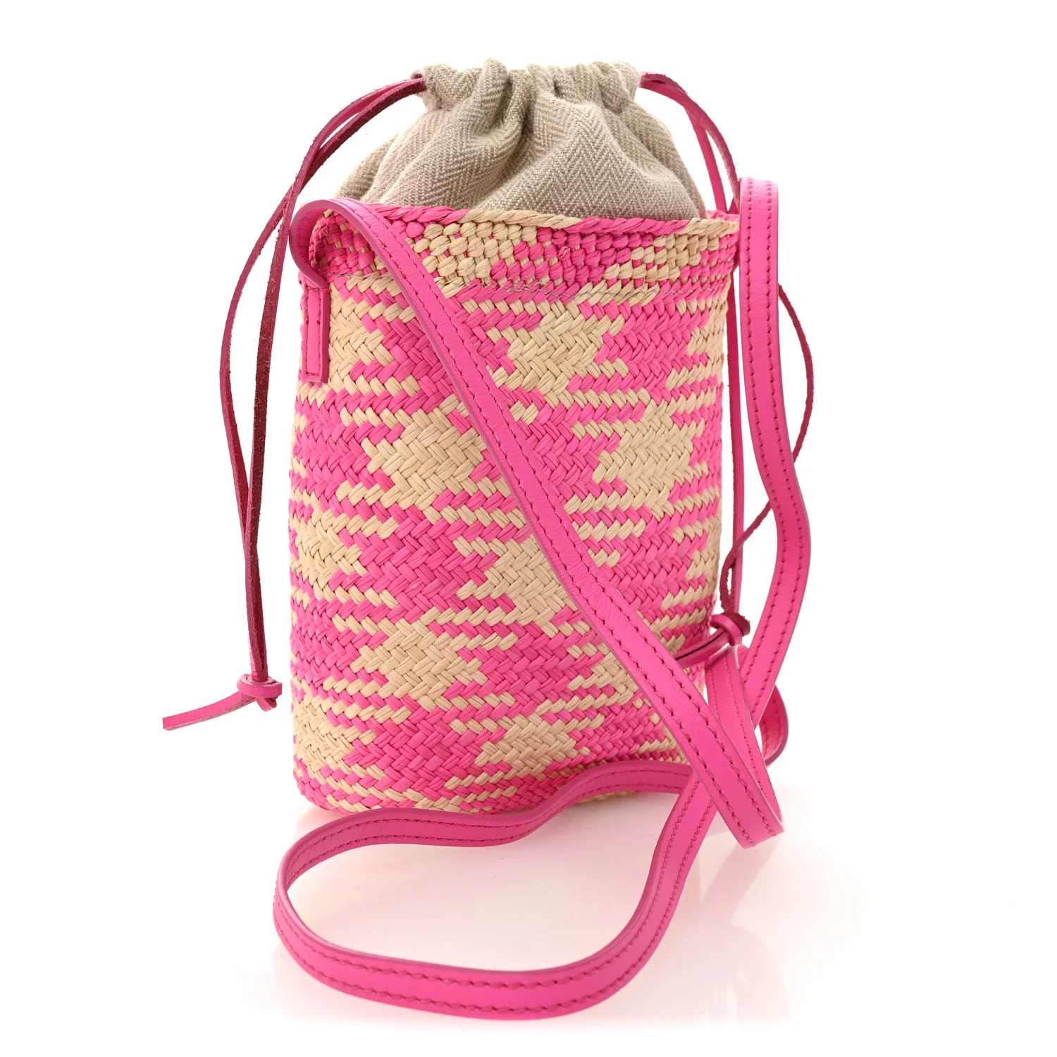 Iraca Palm Calfskin Anagram Square Pocket Bucket Bag Natural Fuchsia - Image 3