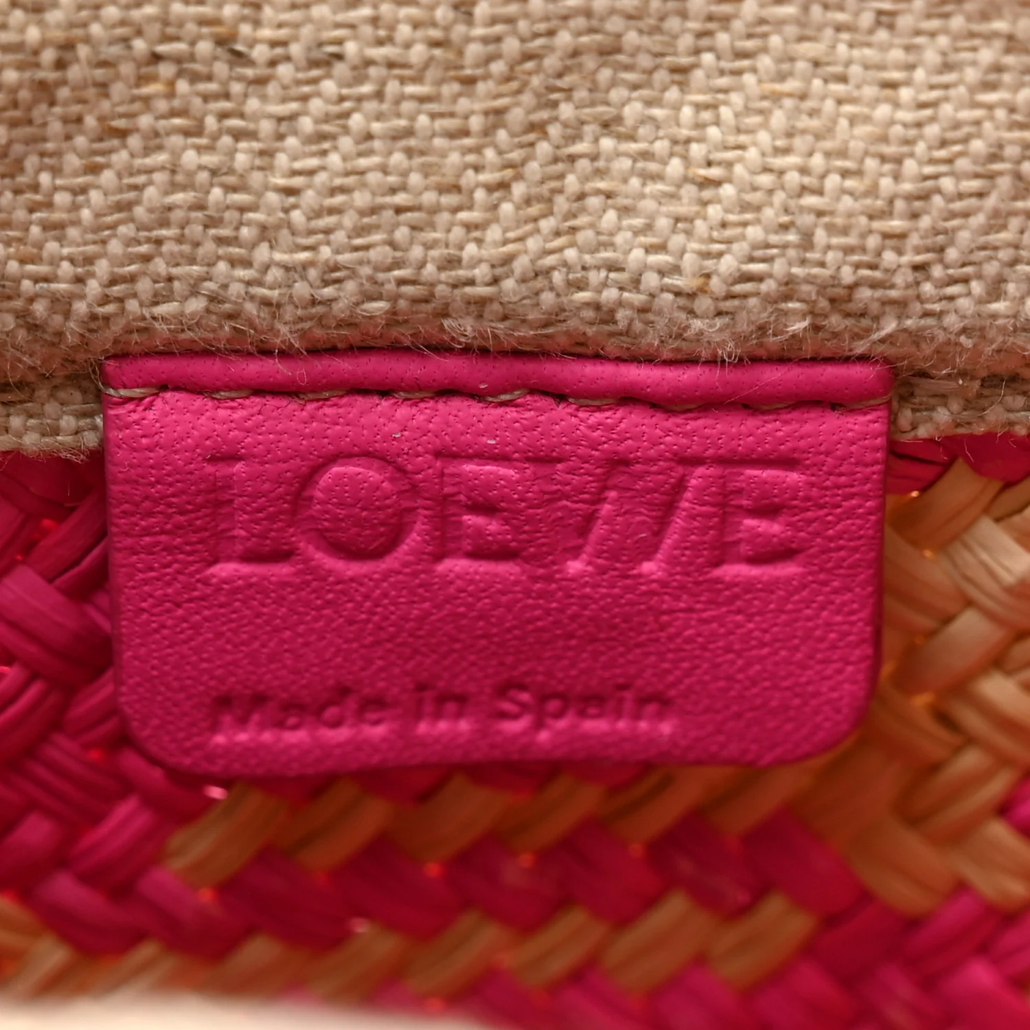 Iraca Palm Calfskin Anagram Square Pocket Bucket Bag Natural Fuchsia - Image 6