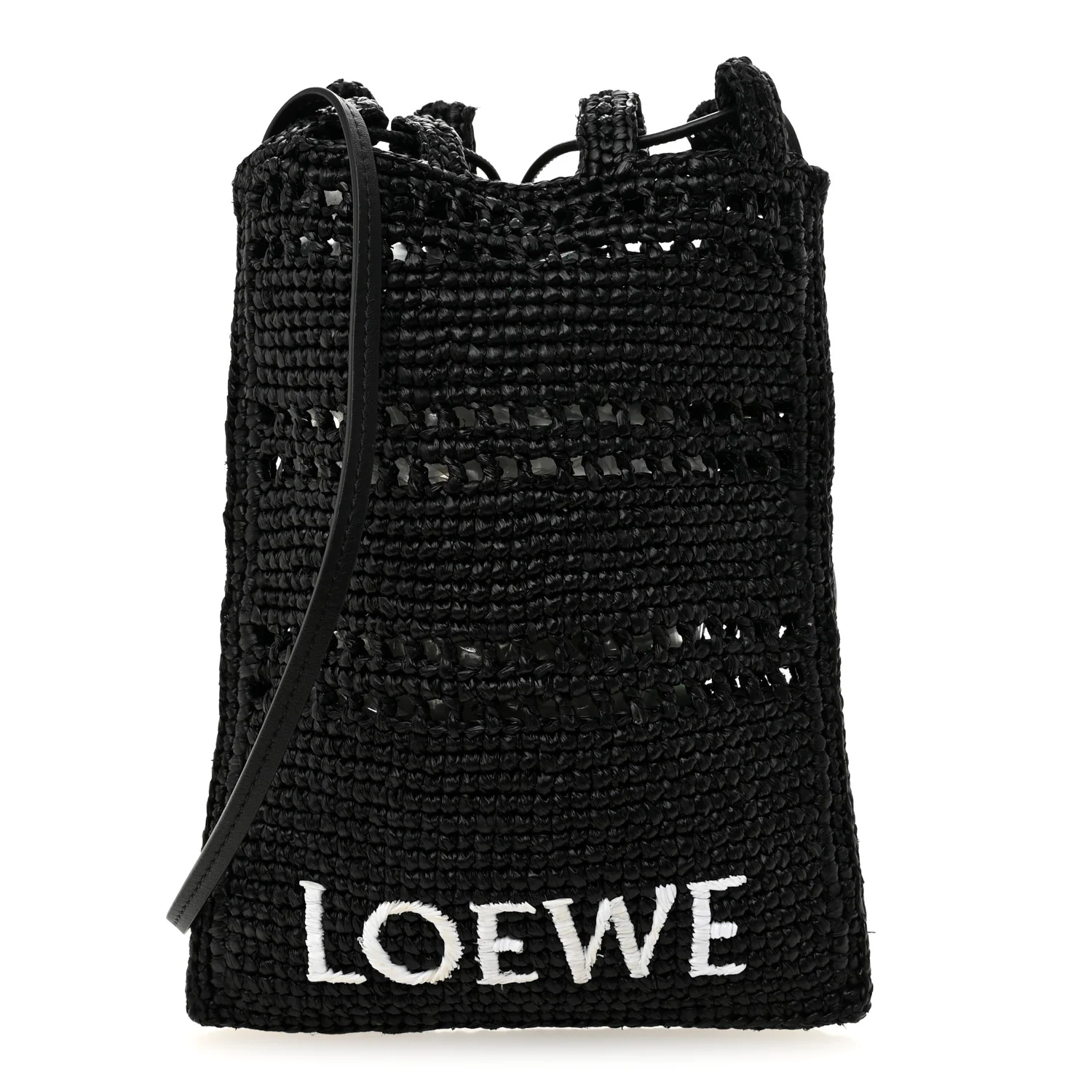 Raffia Logo Drawstring Pocket Crossbody Black