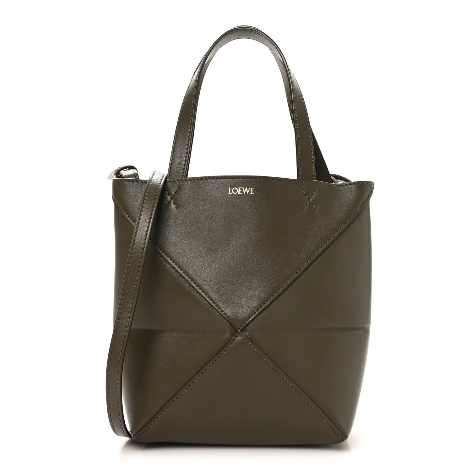 Shiny Calfskin Mini Puzzle Fold Tote Dark Khaki