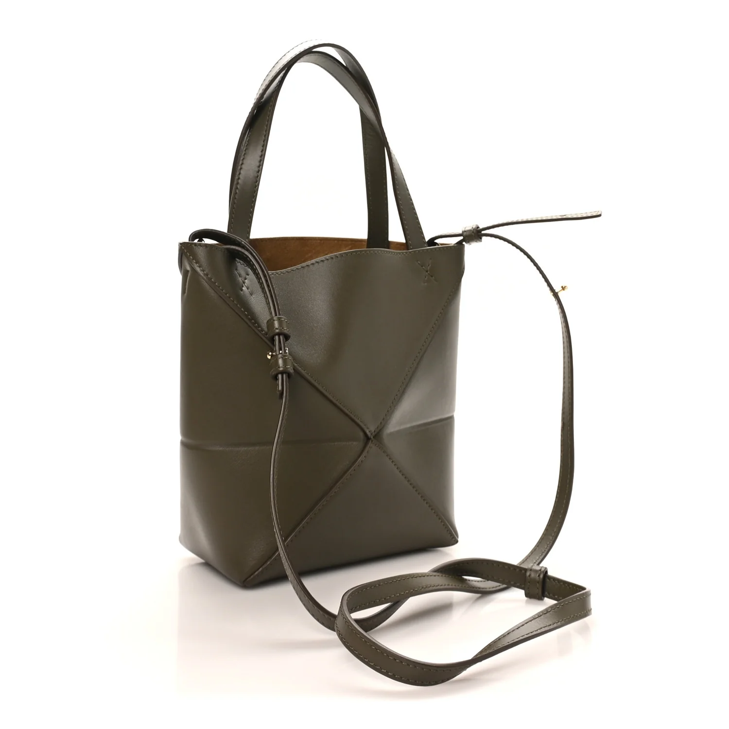 Shiny Calfskin Mini Puzzle Fold Tote Dark Khaki - Image 3