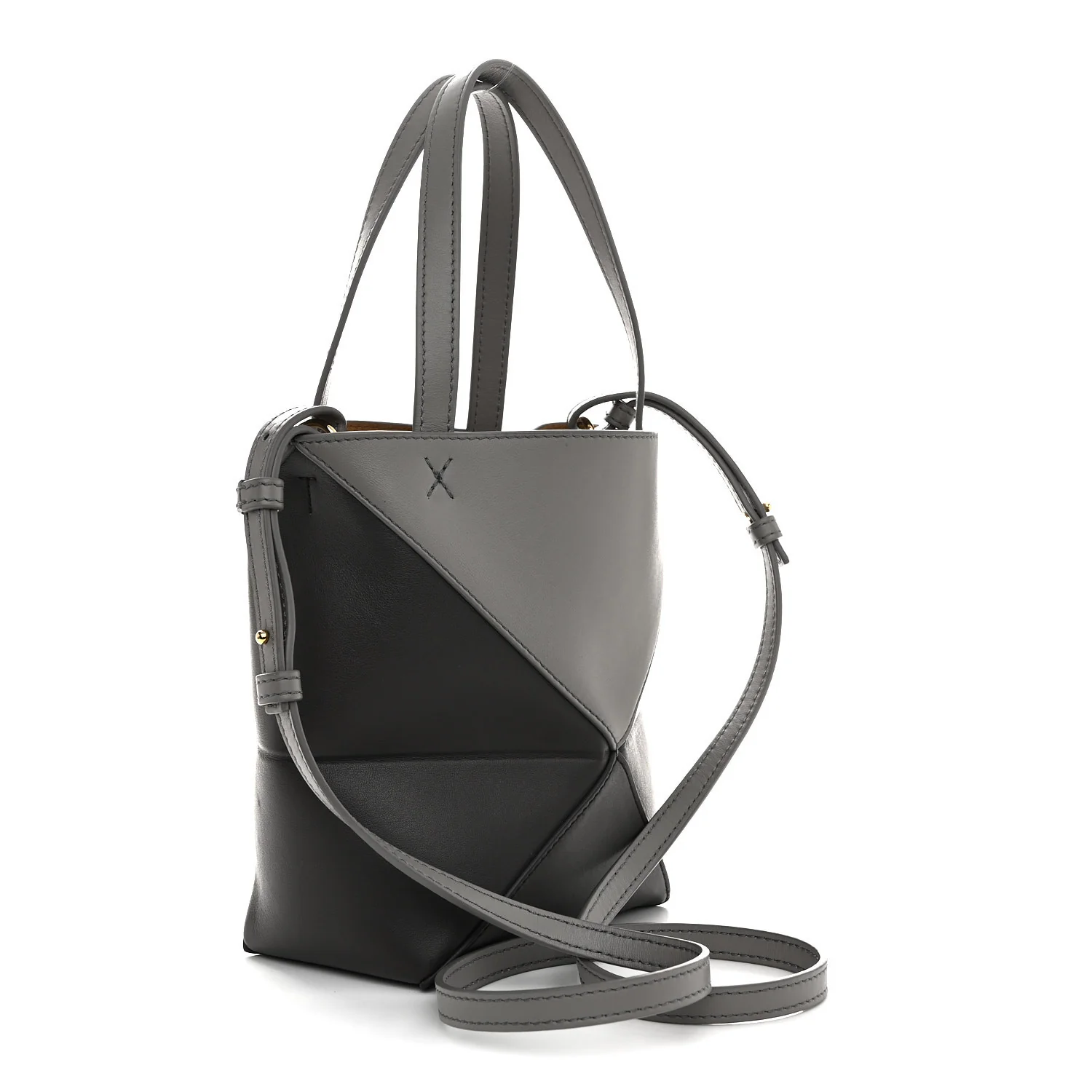 Shiny Calfskin Mini Puzzle Fold Tote Pearl Grey Dark Grey - Image 3