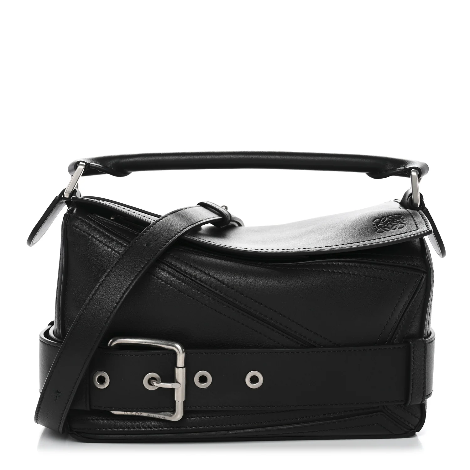 Shiny Calfskin Small Puzzle Biker Bag Black
