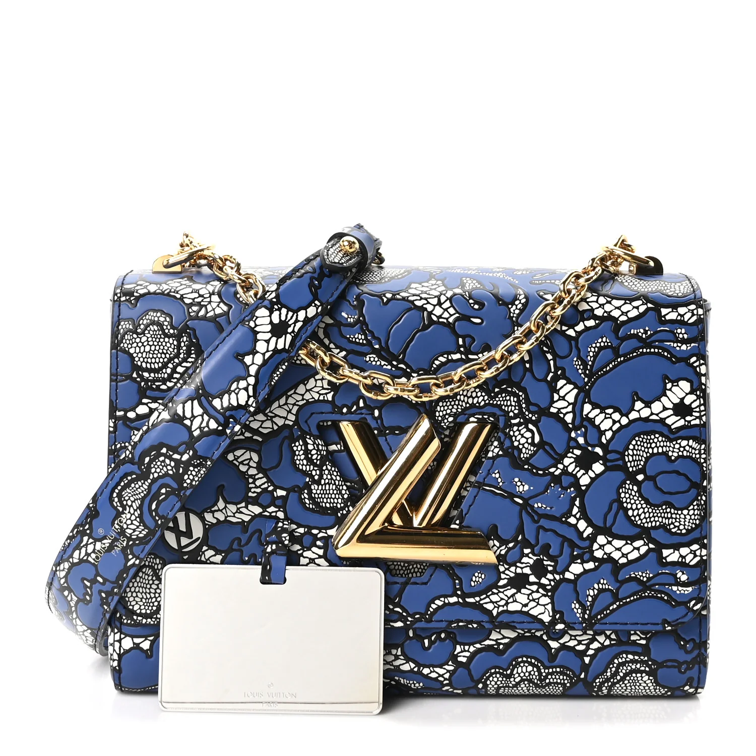 Calfskin Lace Flower Inlay Twist Shoulder Bag MM Navy Black - Image 3