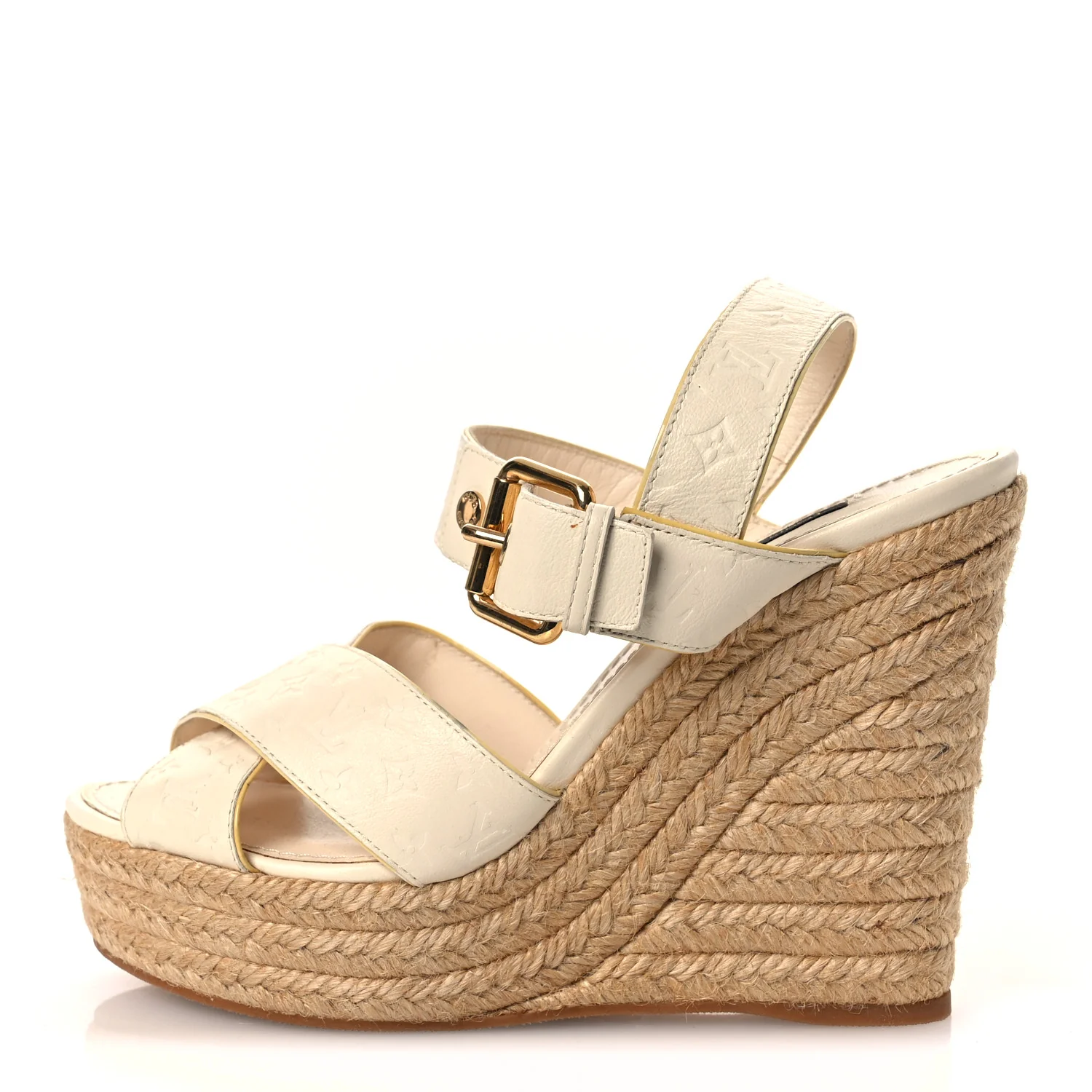 Calfskin Monogram Embossed Espadrille Wedge Sandals 36 White