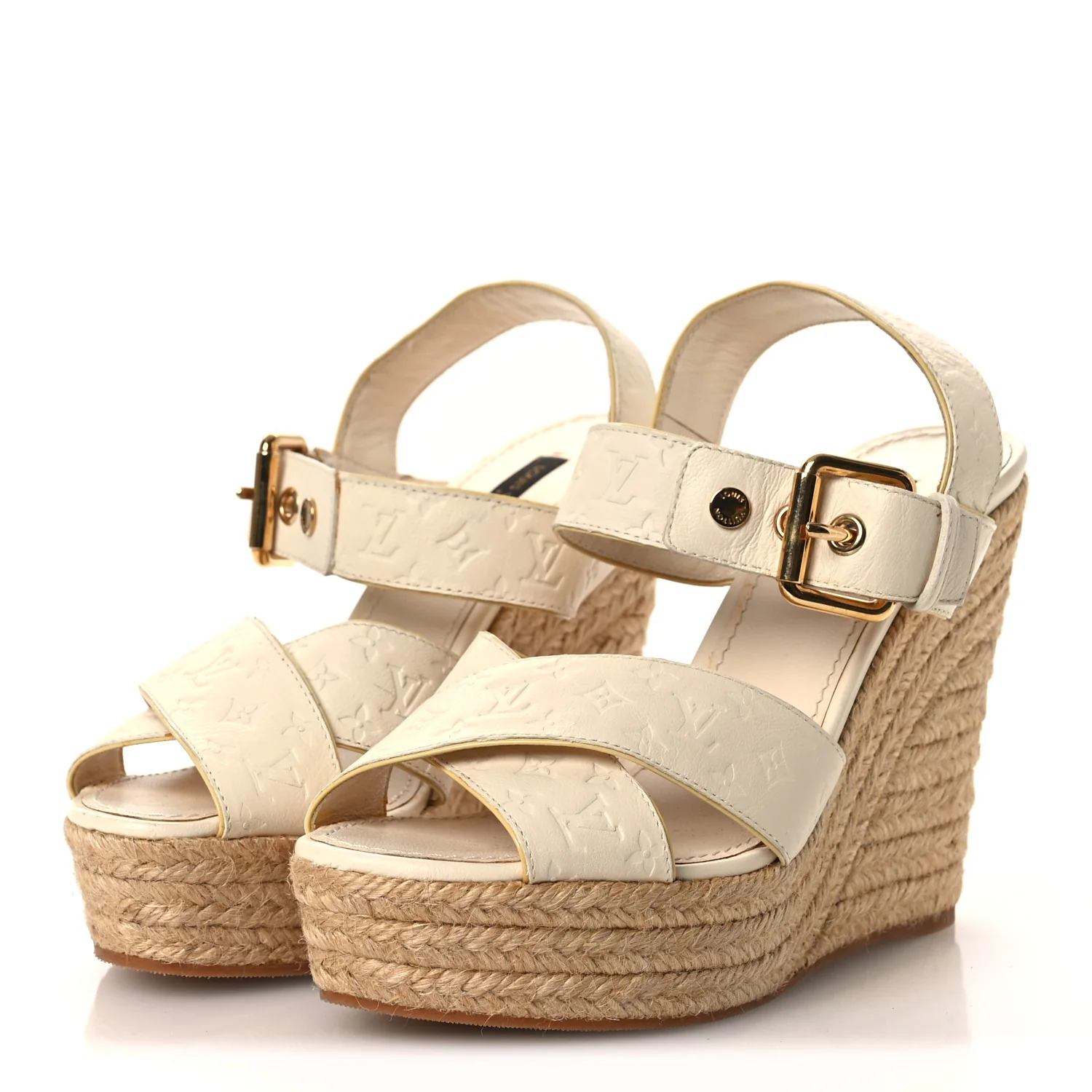 Calfskin Monogram Embossed Espadrille Wedge Sandals 36 White - Image 4