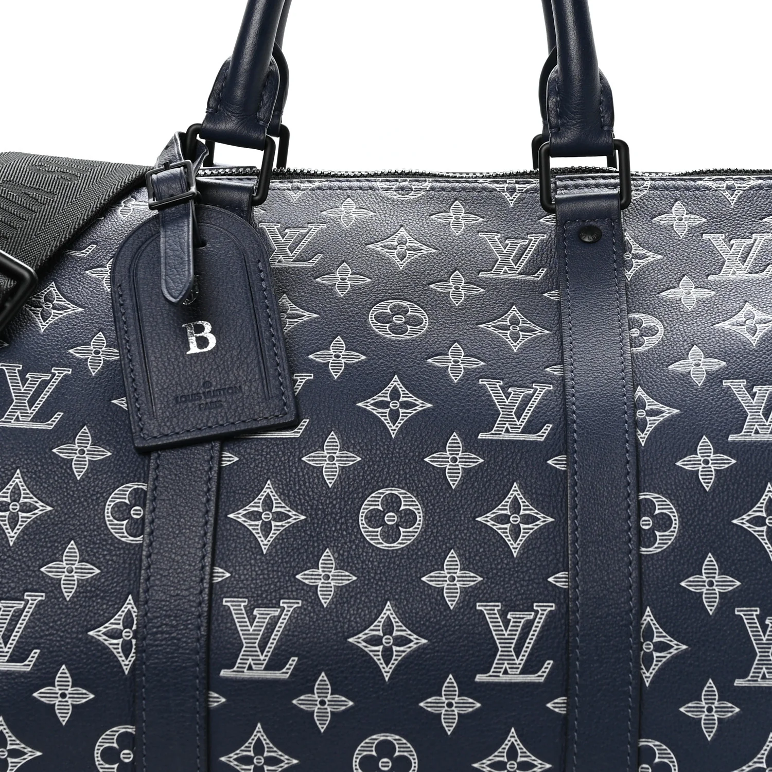 Calfskin Shadow Monogram Keepall Bandouliere 50 Ink Blue White - Image 7