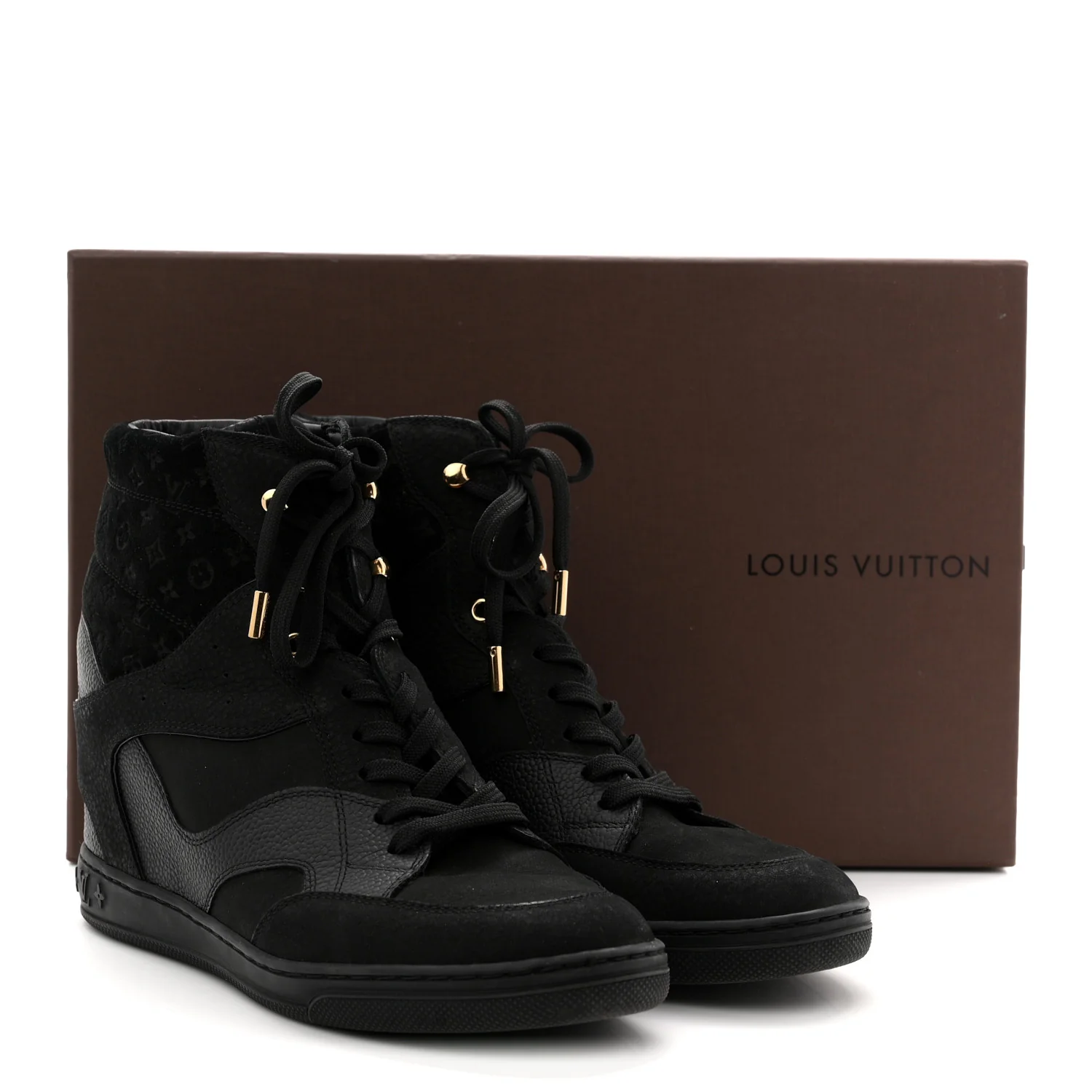 Calfskin Suede Monogram Cliff Top Wedge Sneakers 40 Black - Image 11
