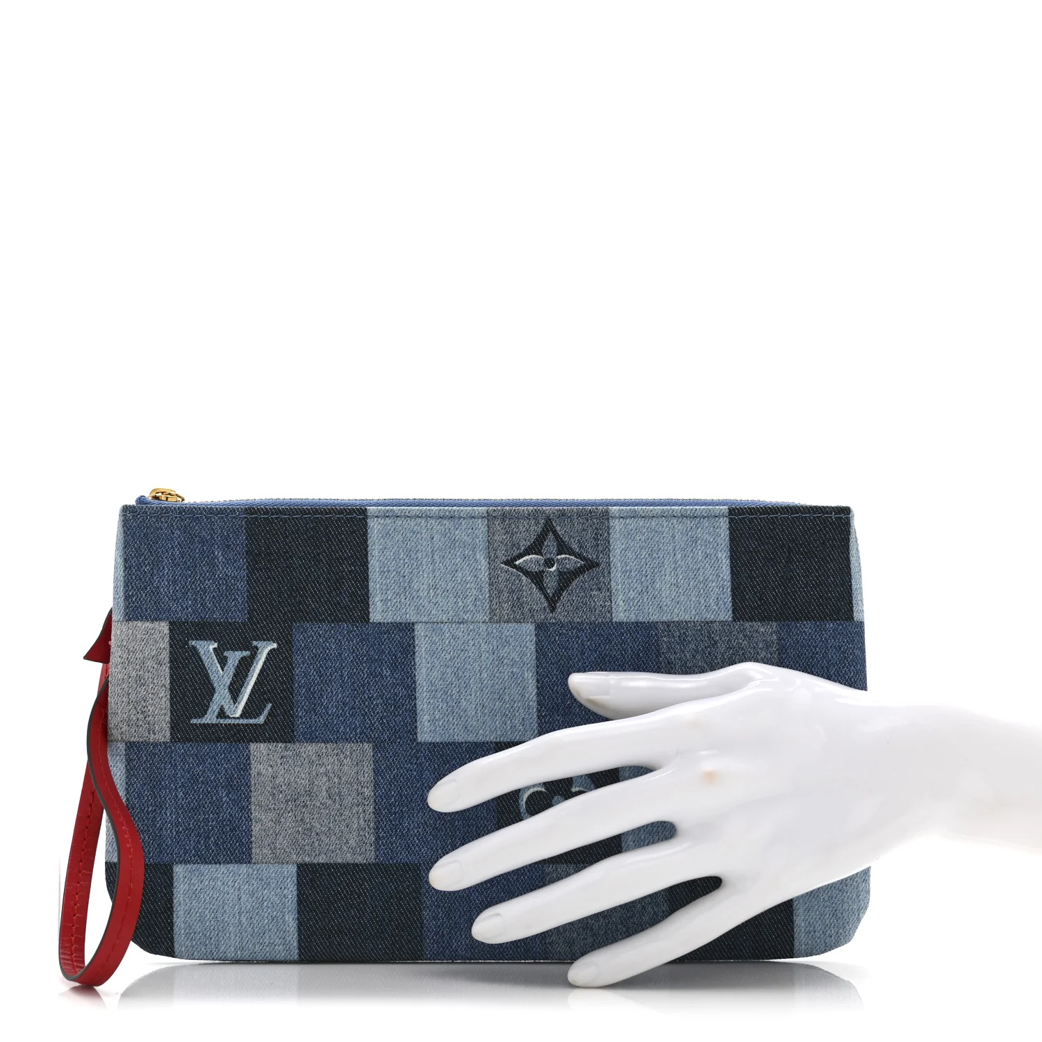Denim Damier Monogram Patchwork Neverfull MM Pochette  Blue Rouge - Image 2