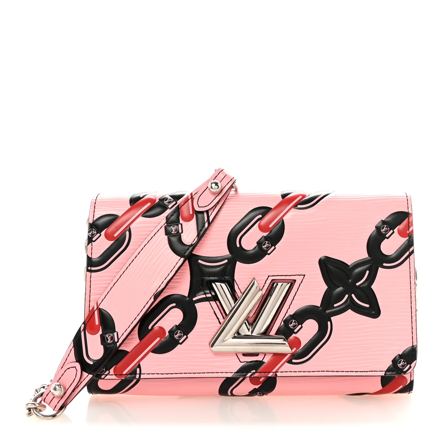 Epi Chain Flower Print Twist Chain Wallet Pink