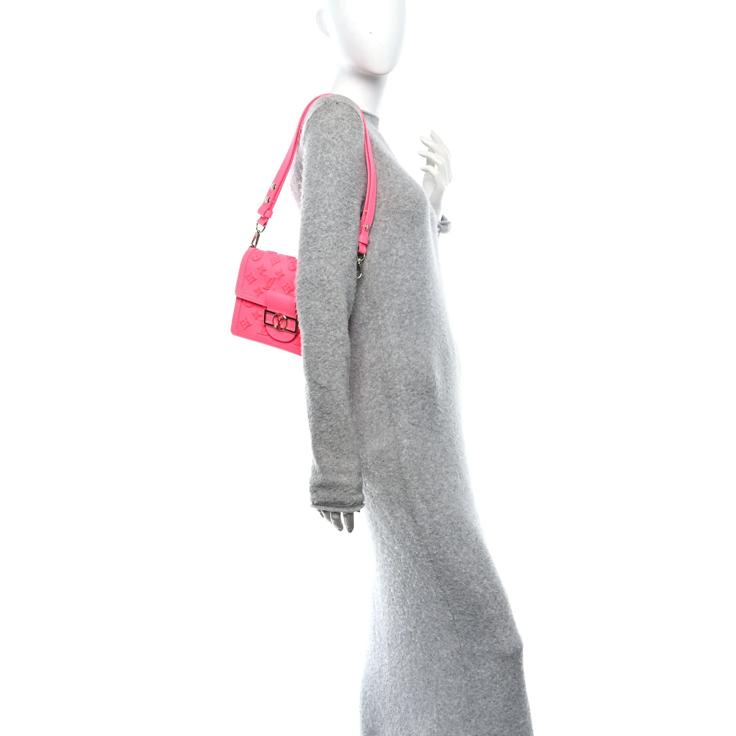 Grained Calfskin Tufted Monogram Mini Dauphine Fluo Pink - Image 2