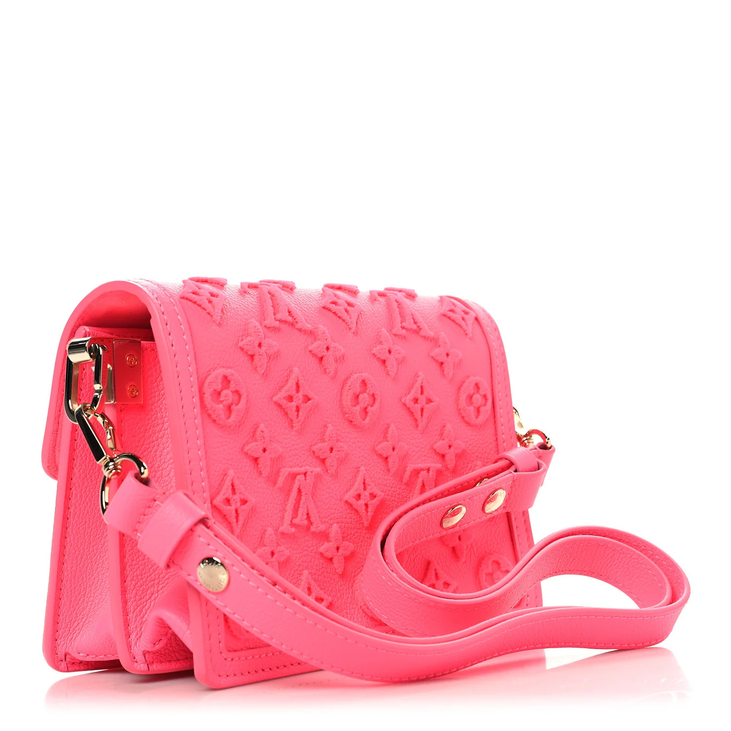 Grained Calfskin Tufted Monogram Mini Dauphine Fluo Pink - Image 3