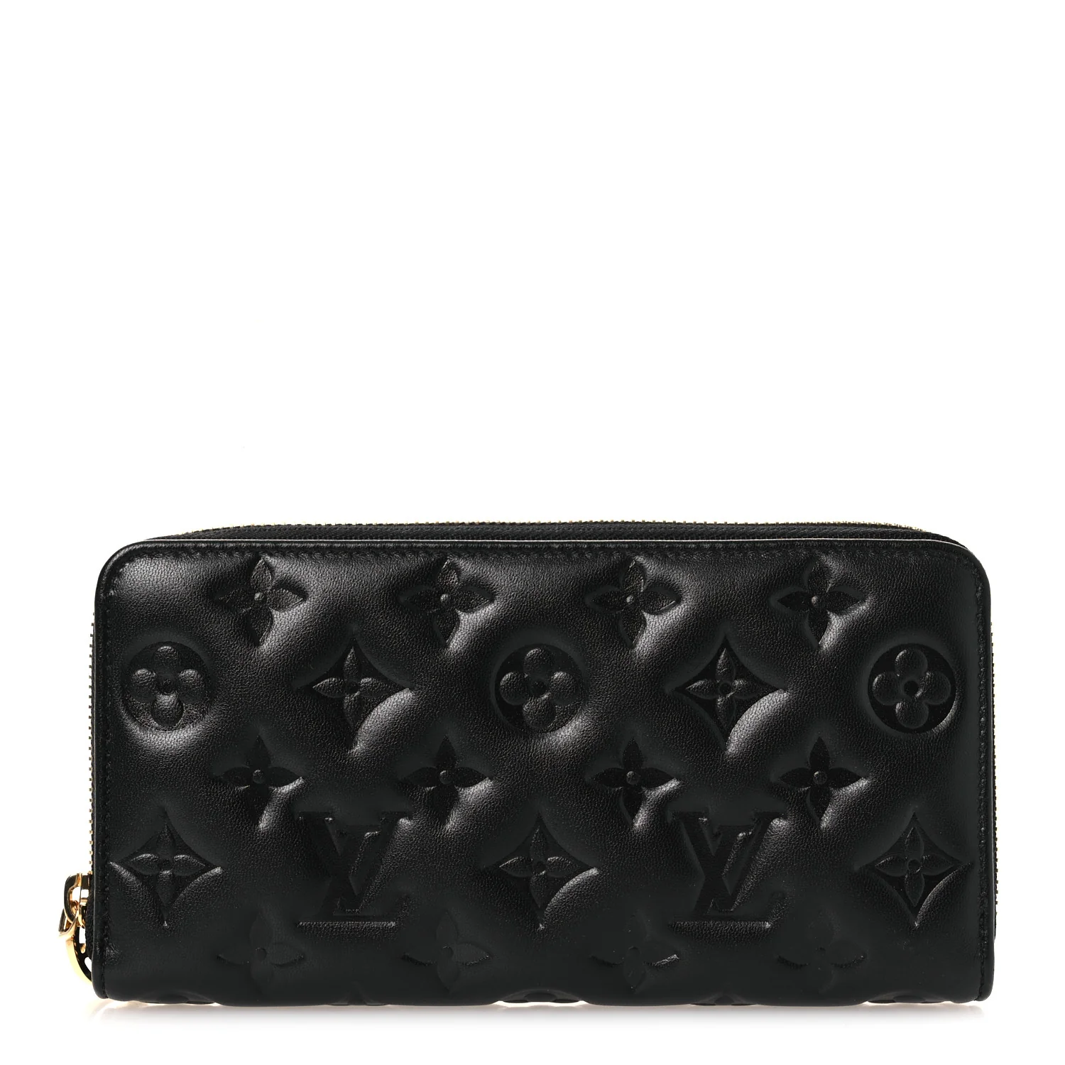 Lambskin Embossed Monogram Coussin Zippy Wallet Black