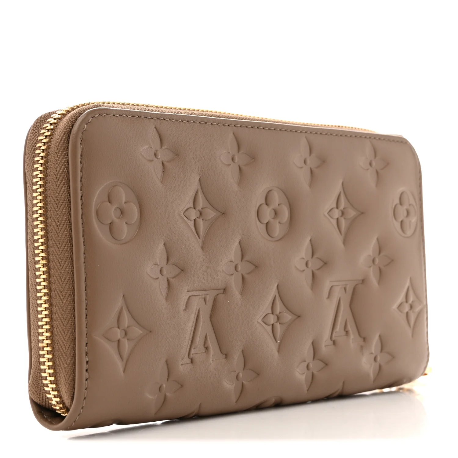 Lambskin Embossed Monogram Coussin Zippy Wallet Taupe - Image 3