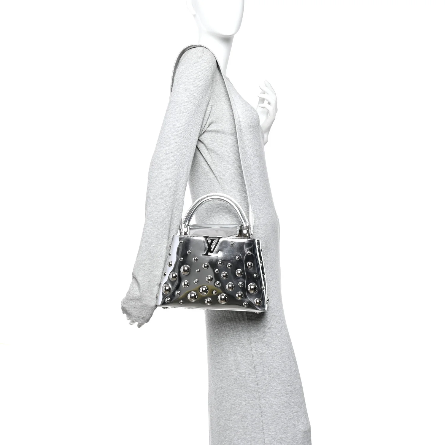 LV X YK Metallic Taurillon Brass Metal Dots Capucines BB Silver - Image 2
