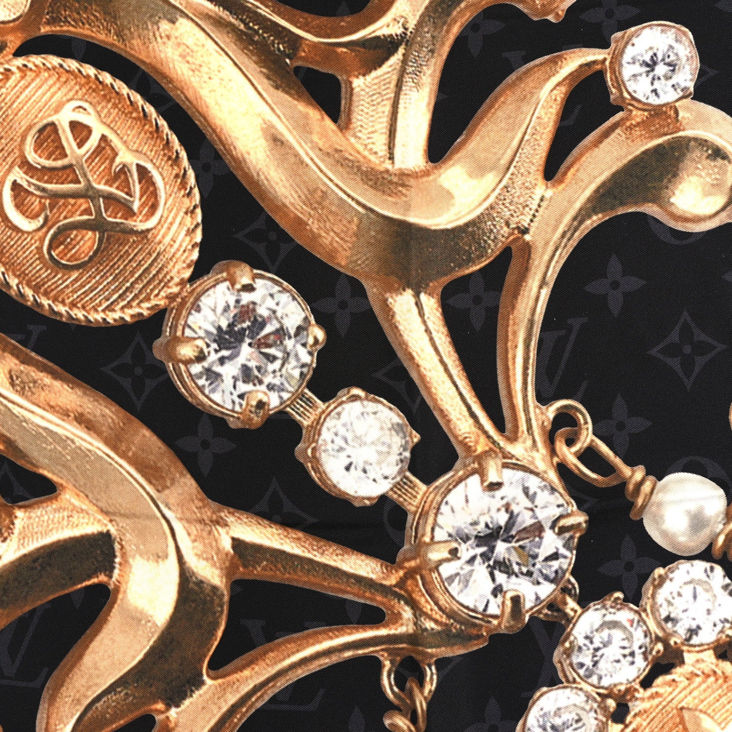 Silk LV Dynasty Brooch Square Scarf Black - Image 2