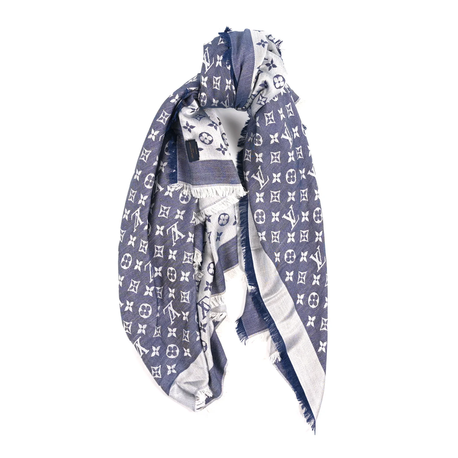 Silk Wool Monogram Denim Shawl Blue