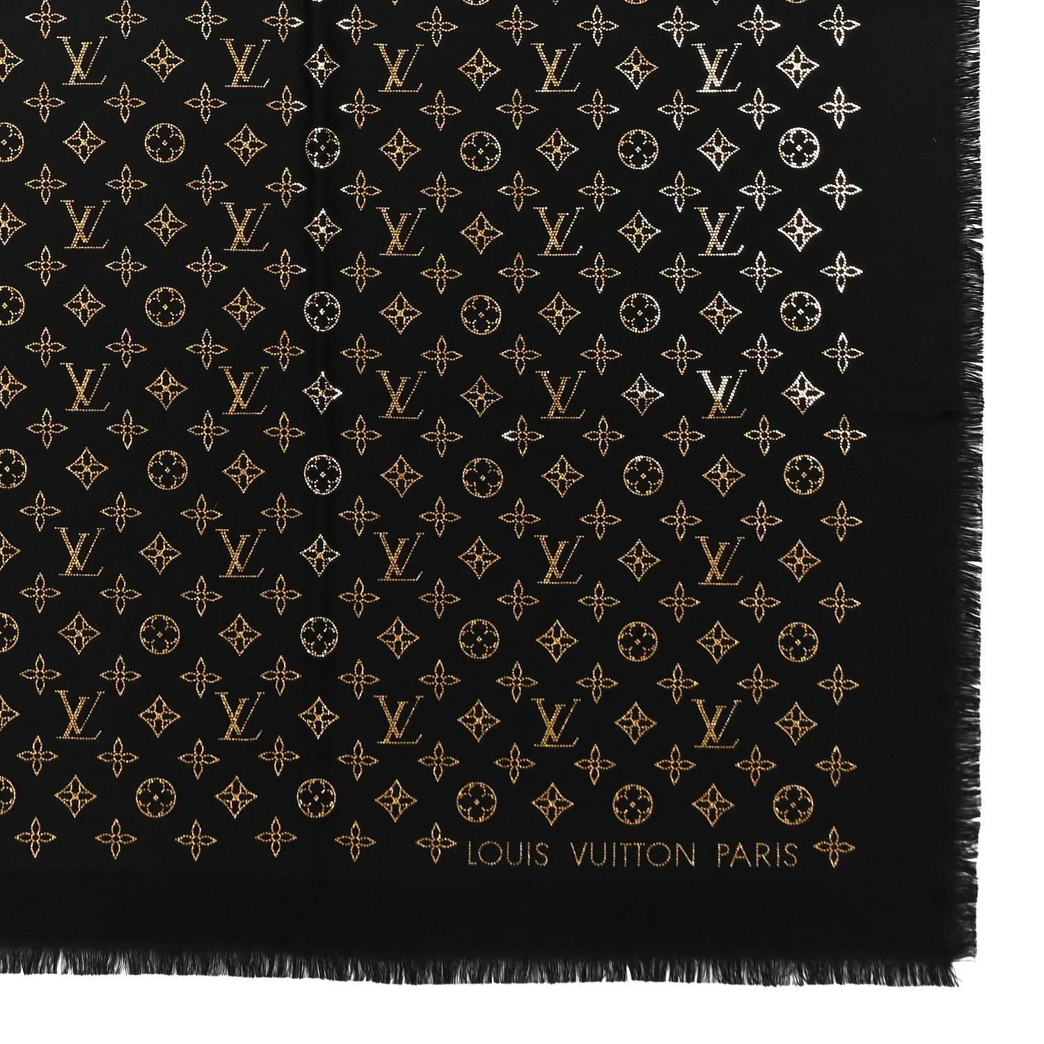 Wool Silk Allover Monogram Micro Stud More Monogram Shawl Black Gold - Image 2