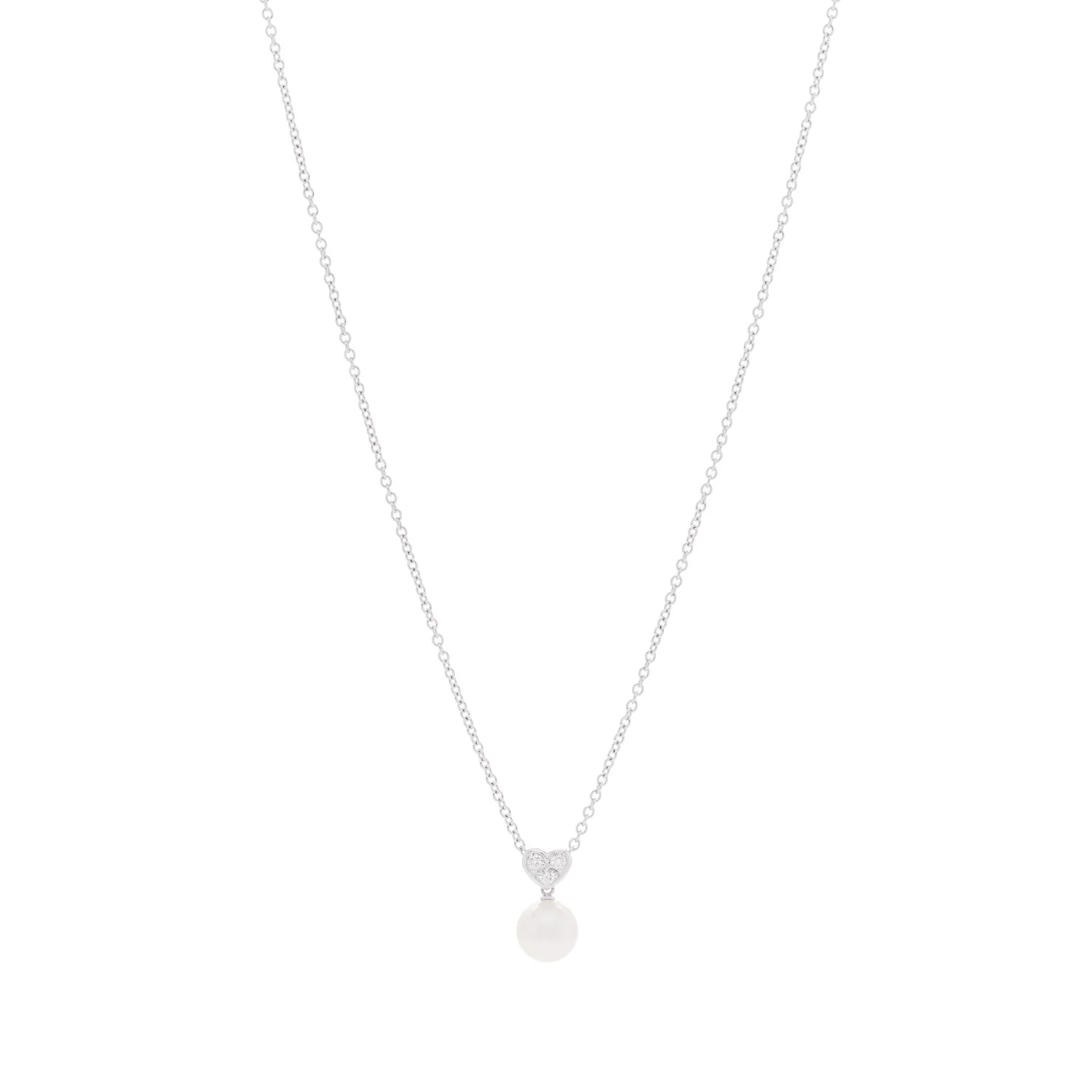 18K White Gold Diamond Akoya Cultured Pearl 8mm Heart Drop Pendant Necklace