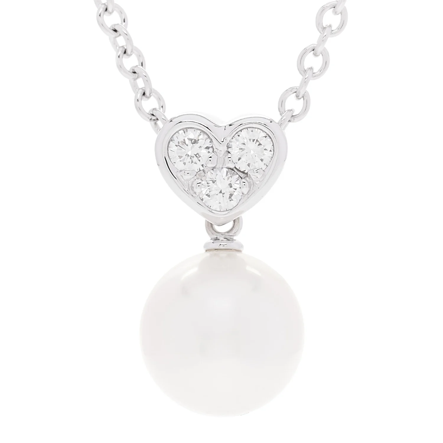 18K White Gold Diamond Akoya Cultured Pearl 8mm Heart Drop Pendant Necklace - Image 4
