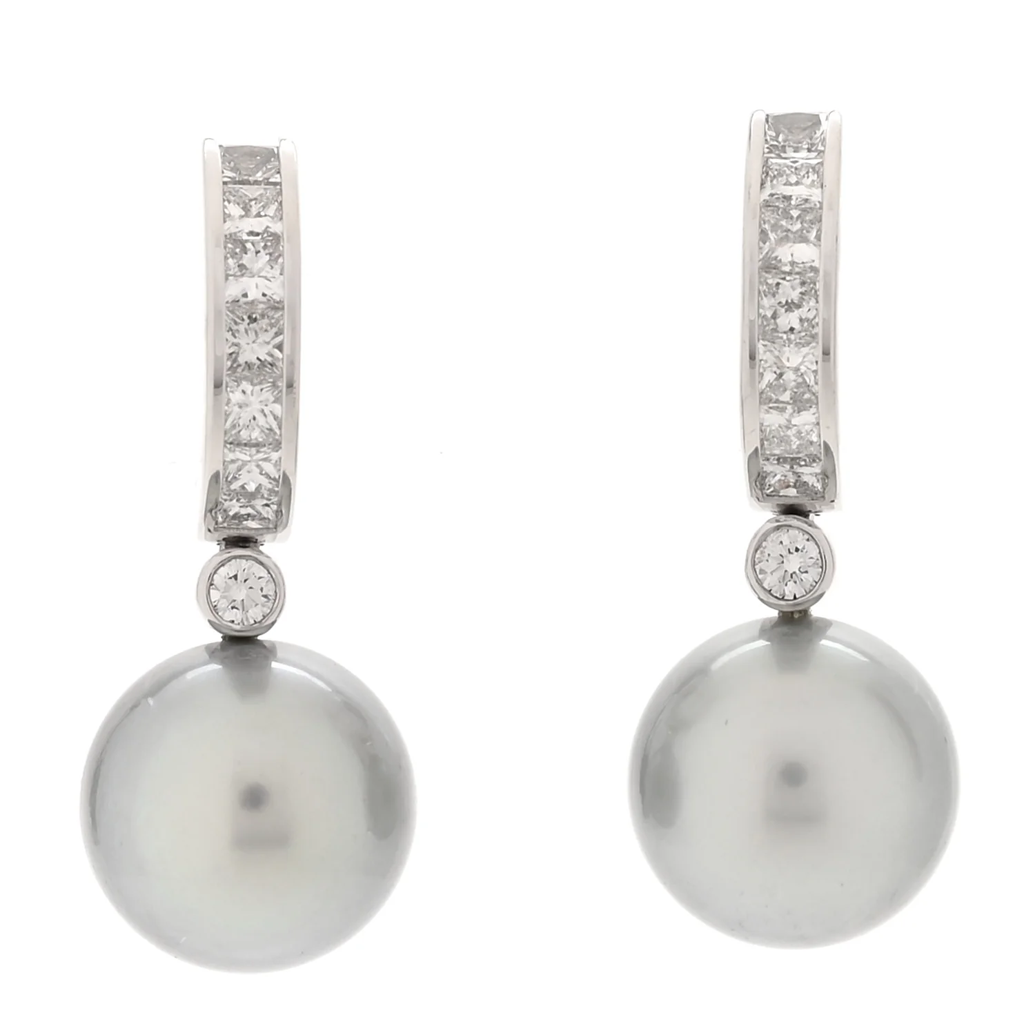 18K White Gold Diamond South Sea Grey Cultured Pearl 9.5-10mm Hoop Drop Earrings