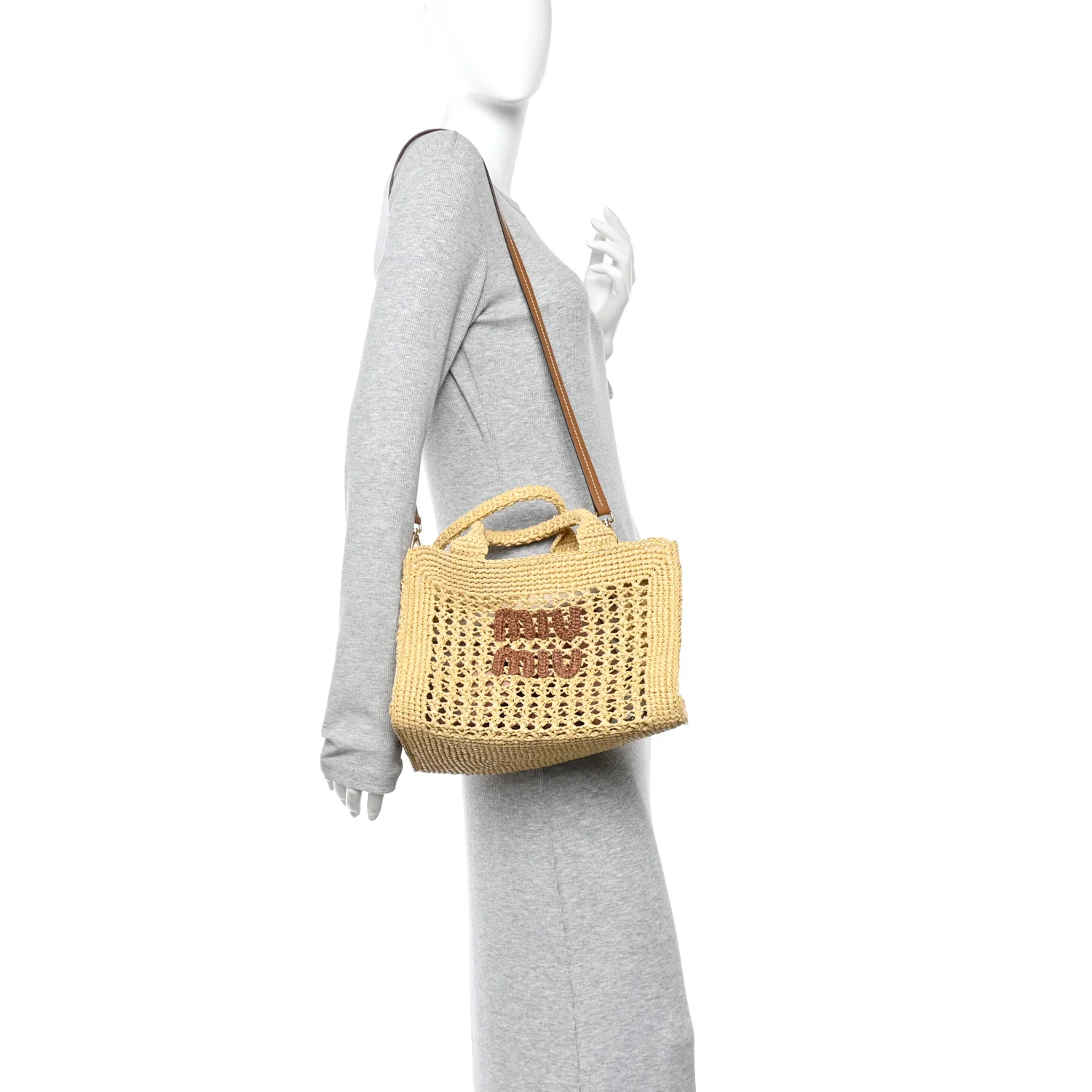 Raffia Crochet Woven Tote Bag Beige - Image 2