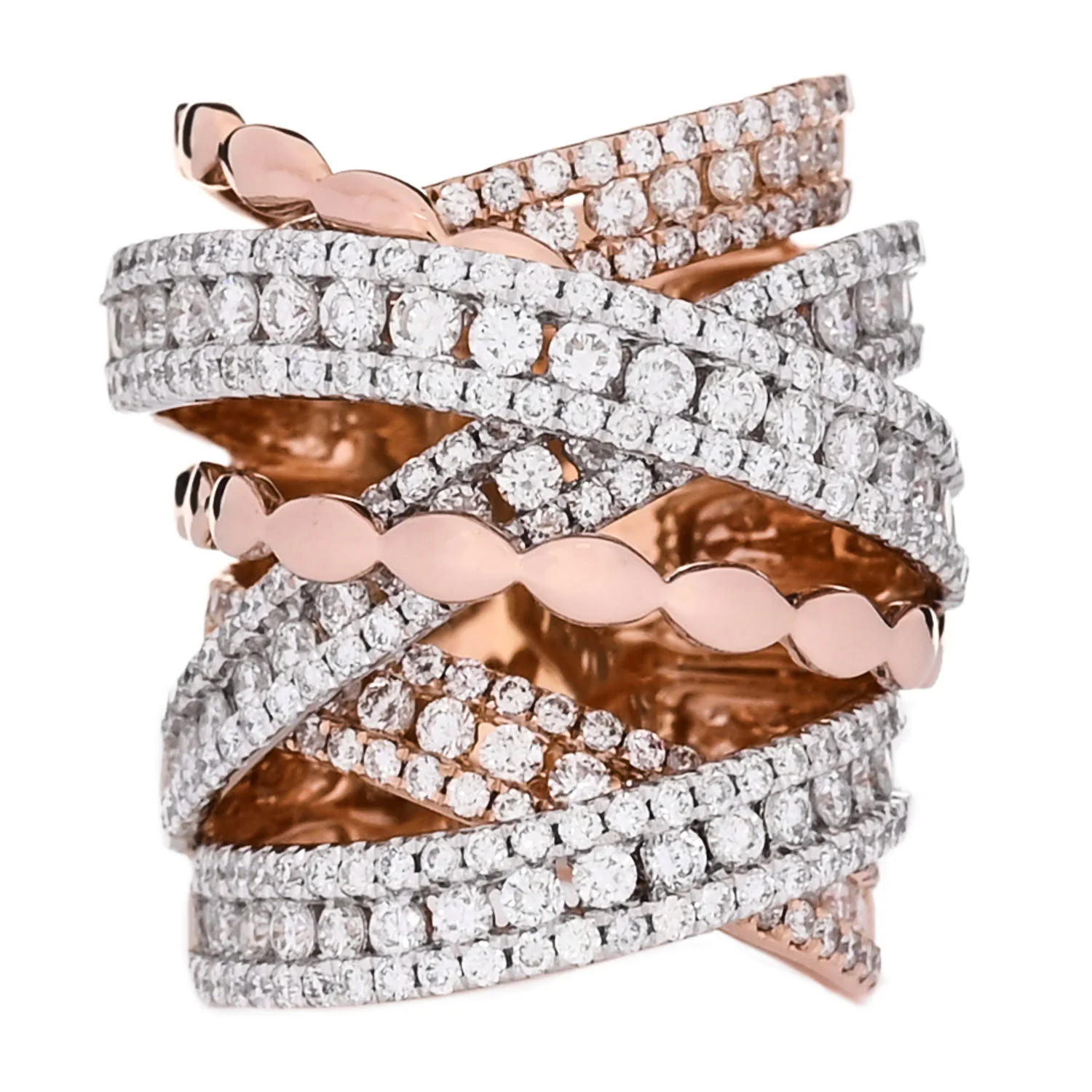 18K Rose White Gold Diamond 4.90ctw Elongated Crossover Ring 54 7