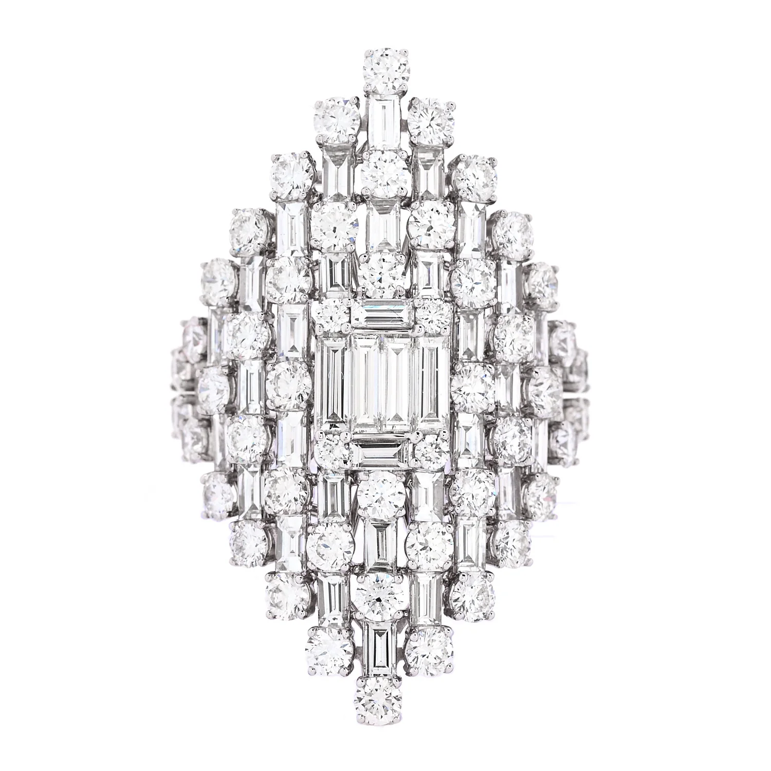 18K White Gold Diamond 2.95ctw Round Baguette Cut Cocktail Ring 53 6.5