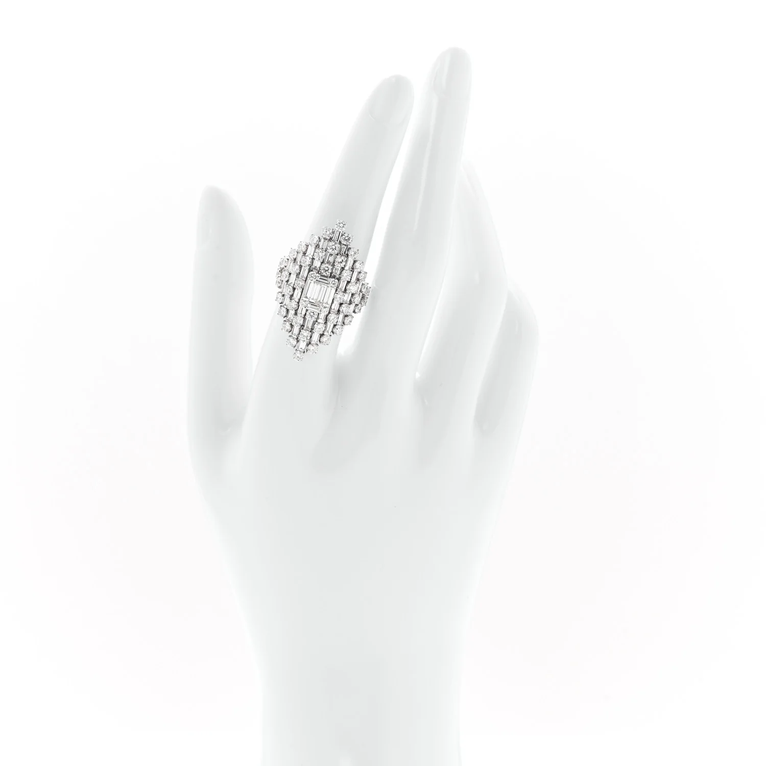 18K White Gold Diamond 2.95ctw Round Baguette Cut Cocktail Ring 53 6.5 - Image 2