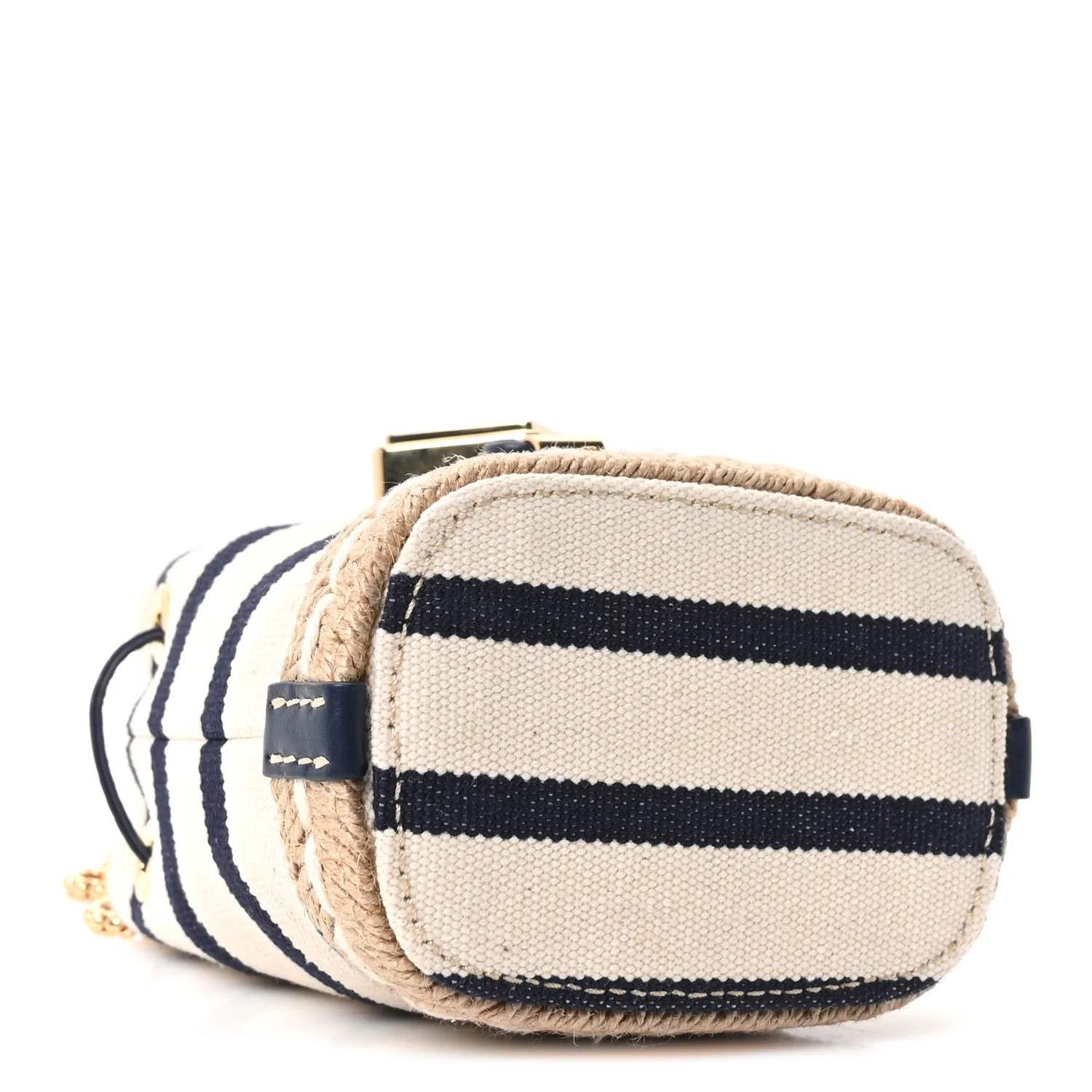 Canvas Stripe Metal Triangle Logo Mini Drawcord Pouch Shoulder Bag Avorio Blue - Image 4