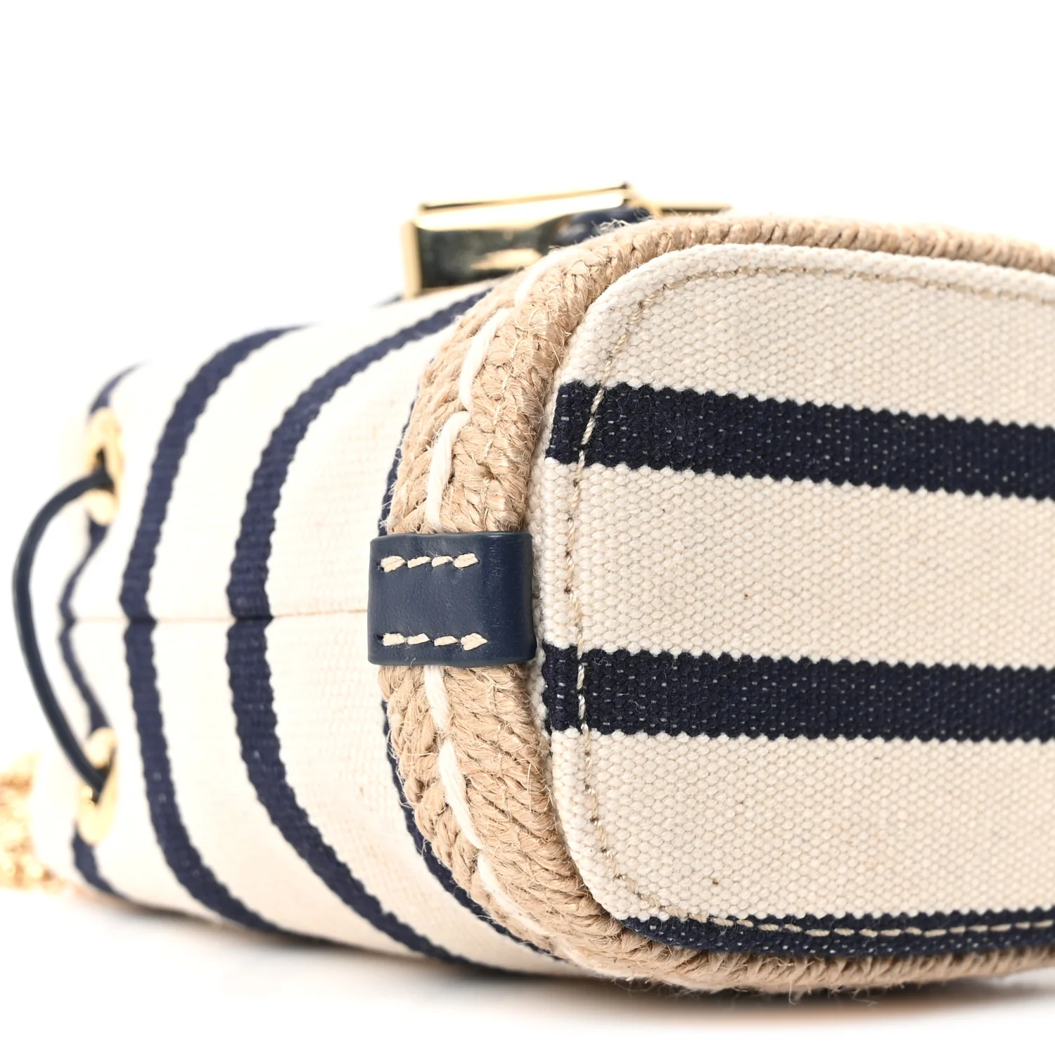 Canvas Stripe Metal Triangle Logo Mini Drawcord Pouch Shoulder Bag Avorio Blue - Image 9