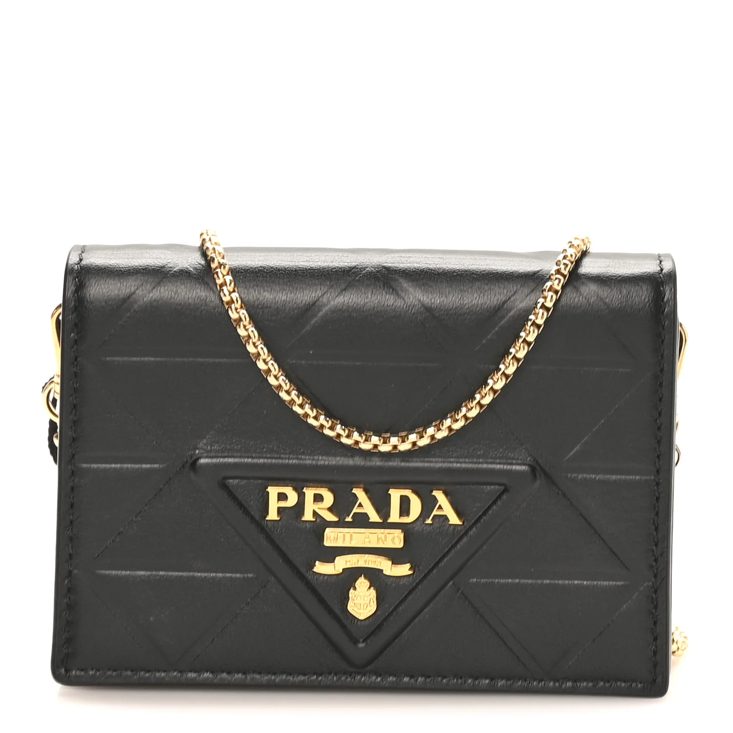 Nappa Quilted Metal Patchwork Triangle Logo Card Holder With Strap Black