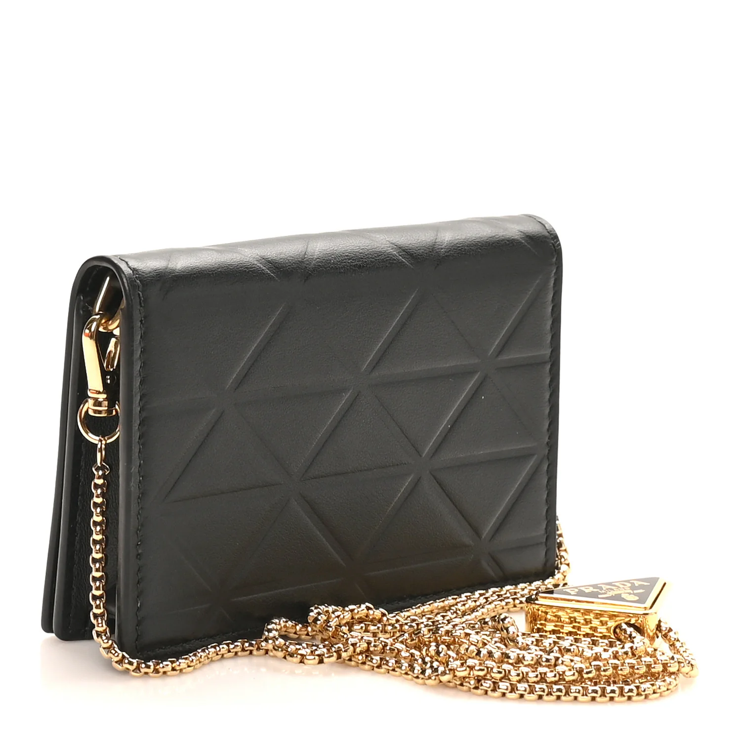 Nappa Quilted Metal Patchwork Triangle Logo Card Holder With Strap Black - Image 2