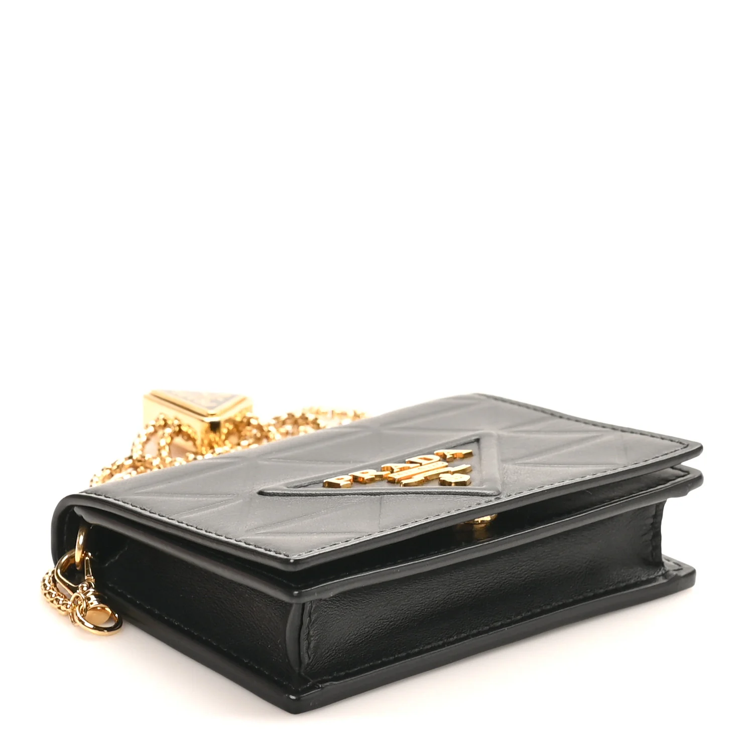 Nappa Quilted Metal Patchwork Triangle Logo Card Holder With Strap Black - Image 3