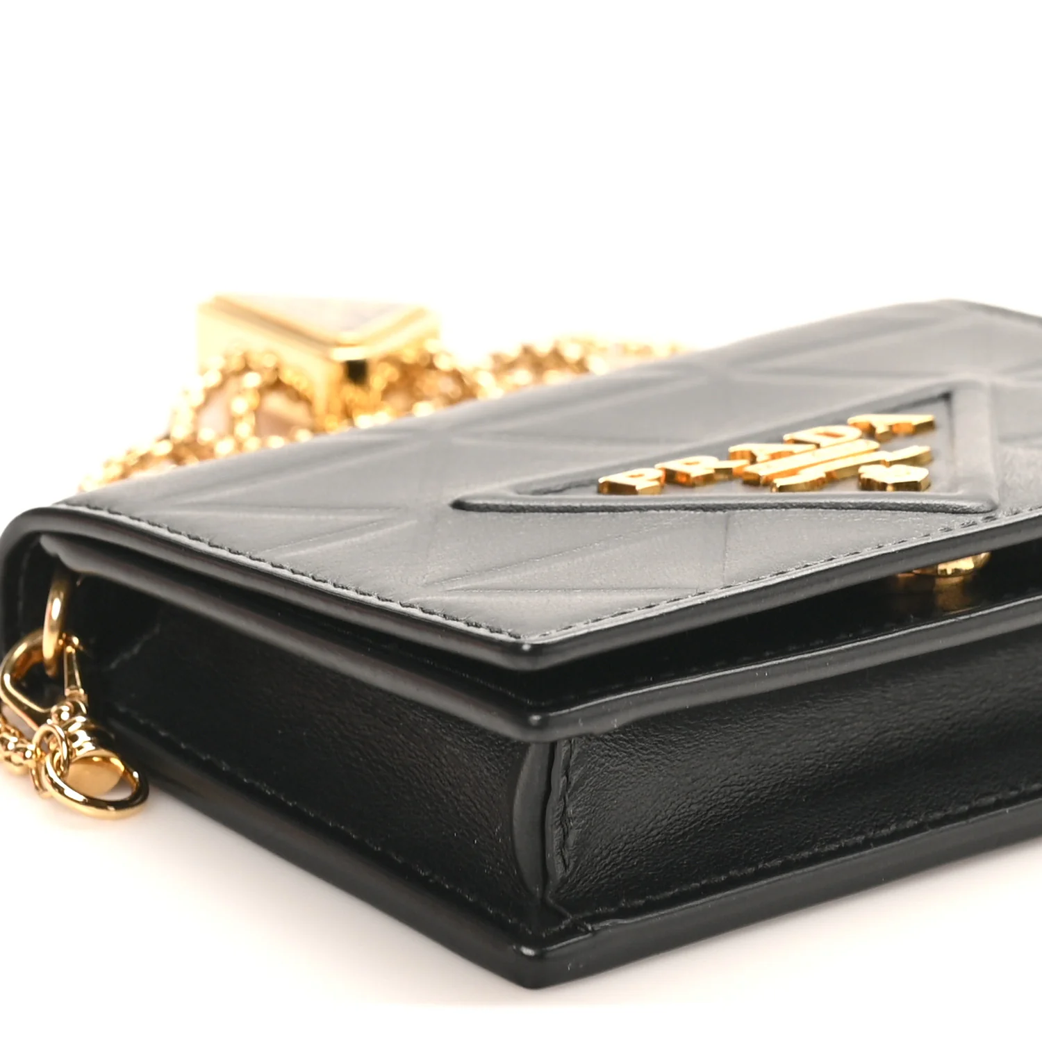 Nappa Quilted Metal Patchwork Triangle Logo Card Holder With Strap Black - Image 7