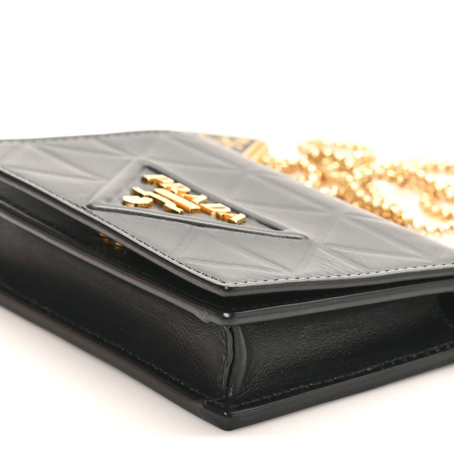 Nappa Quilted Metal Patchwork Triangle Logo Card Holder With Strap Black - Image 8