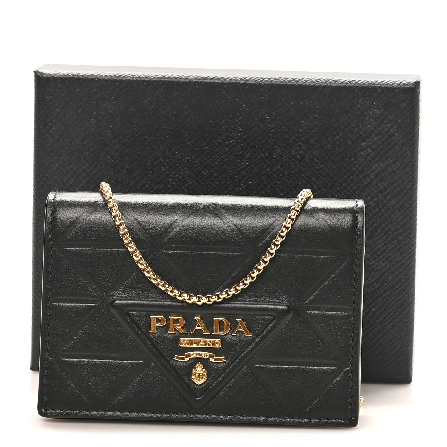 Nappa Quilted Metal Patchwork Triangle Logo Card Holder With Strap Black - Image 9
