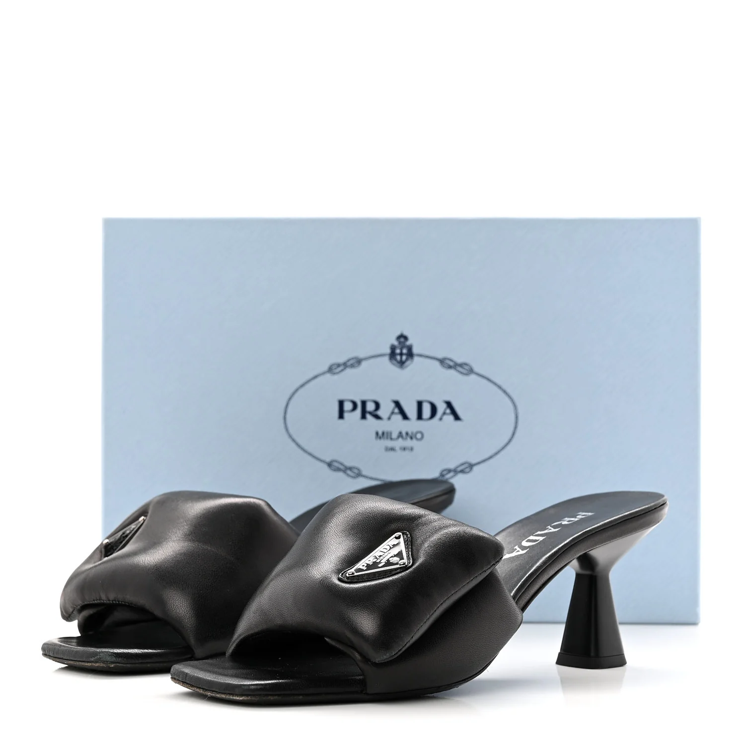 Nappa Soft Padded Metal Triangle Logo 65mm Slide Sandals 37.5 Black - Image 9