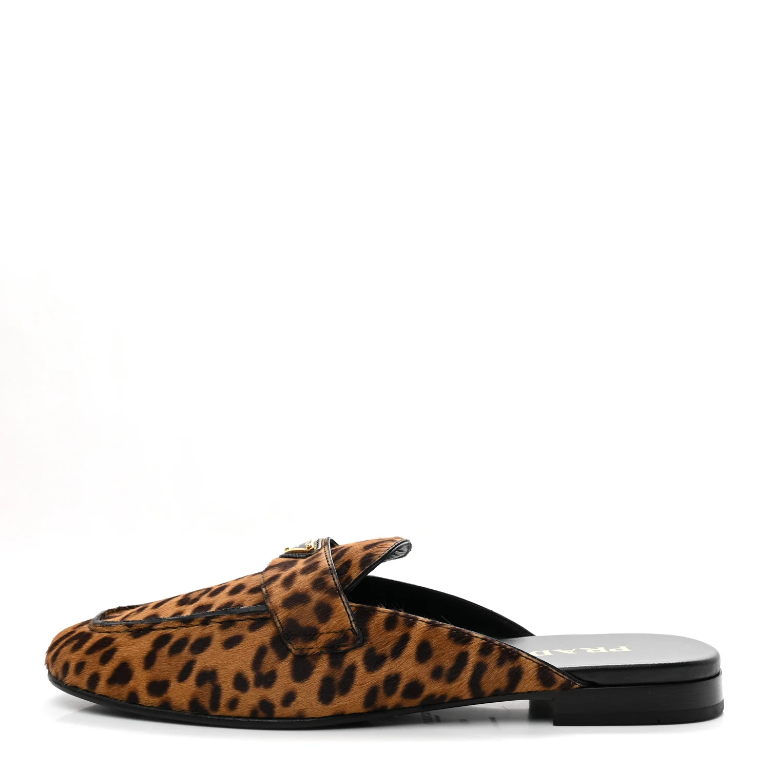 Pony Hair Leopard Metal Triangle Logo 10mm Loafer Mules 40 Brown