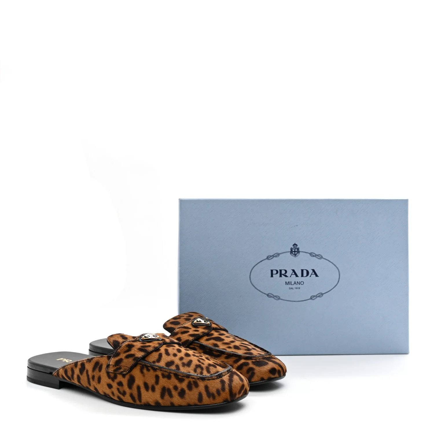 Pony Hair Leopard Metal Triangle Logo 10mm Loafer Mules 40 Brown - Image 11