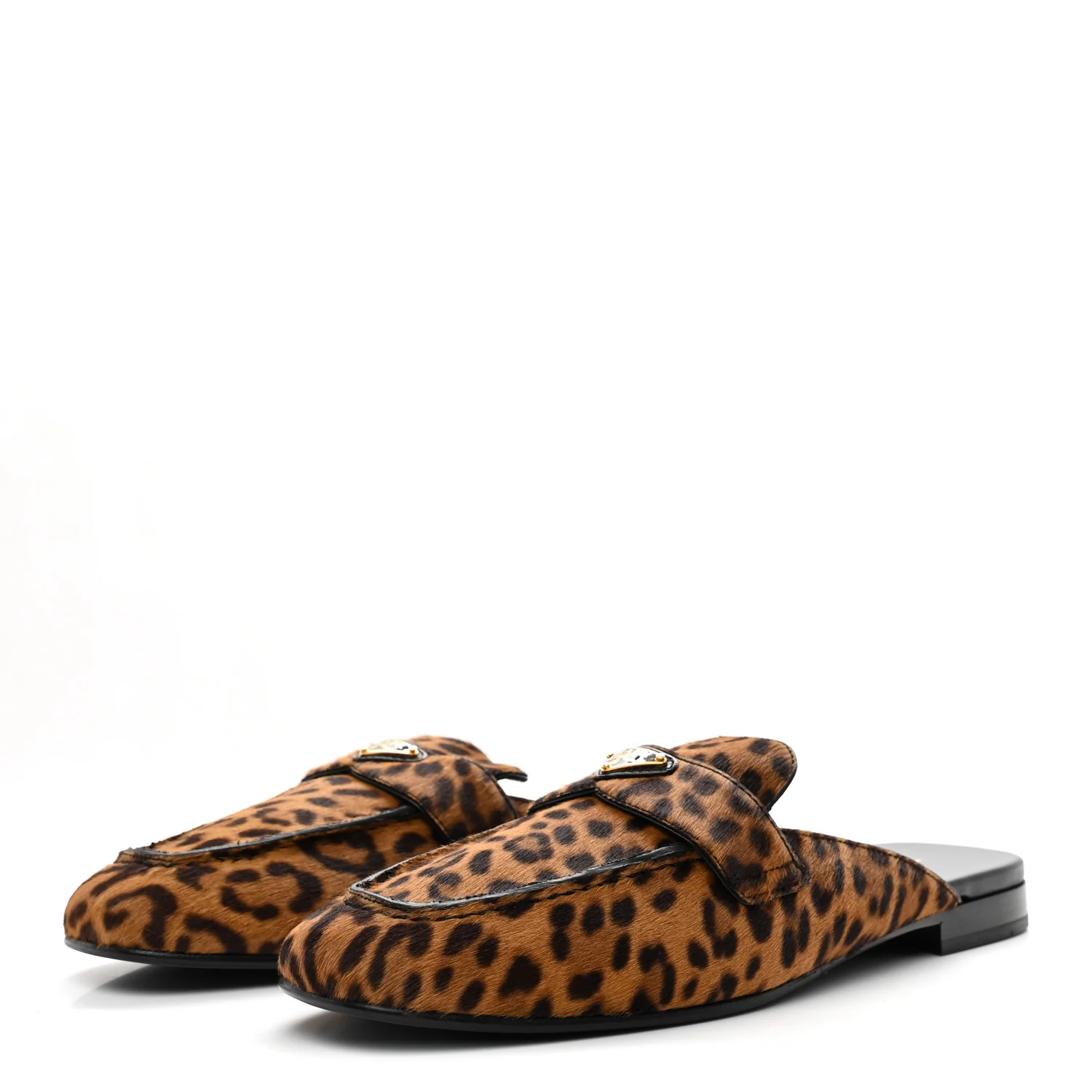 Pony Hair Leopard Metal Triangle Logo 10mm Loafer Mules 40 Brown - Image 4