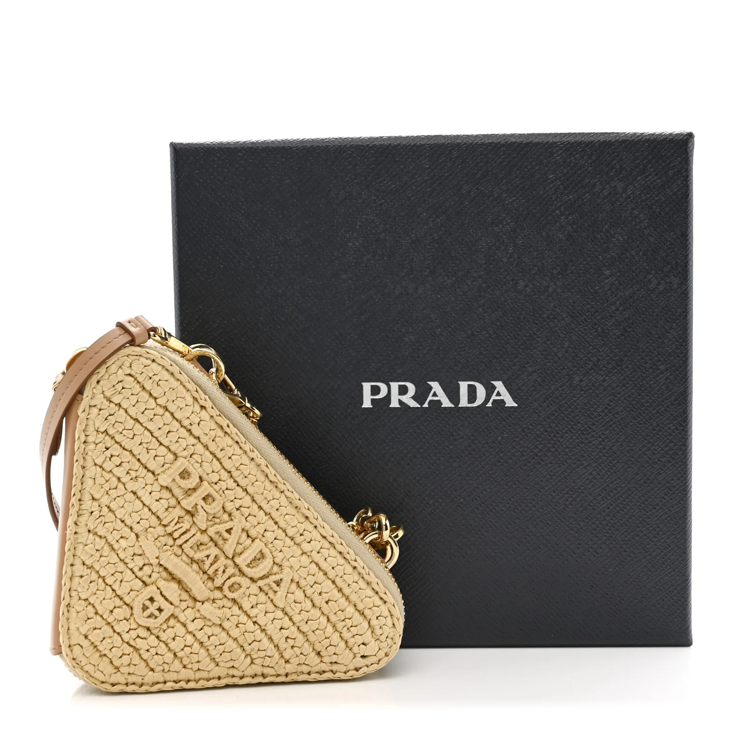 Raffia Calfskin Crochet Logo Embroidered Mini Triangle Crossbody Pouch Naturale - Image 12