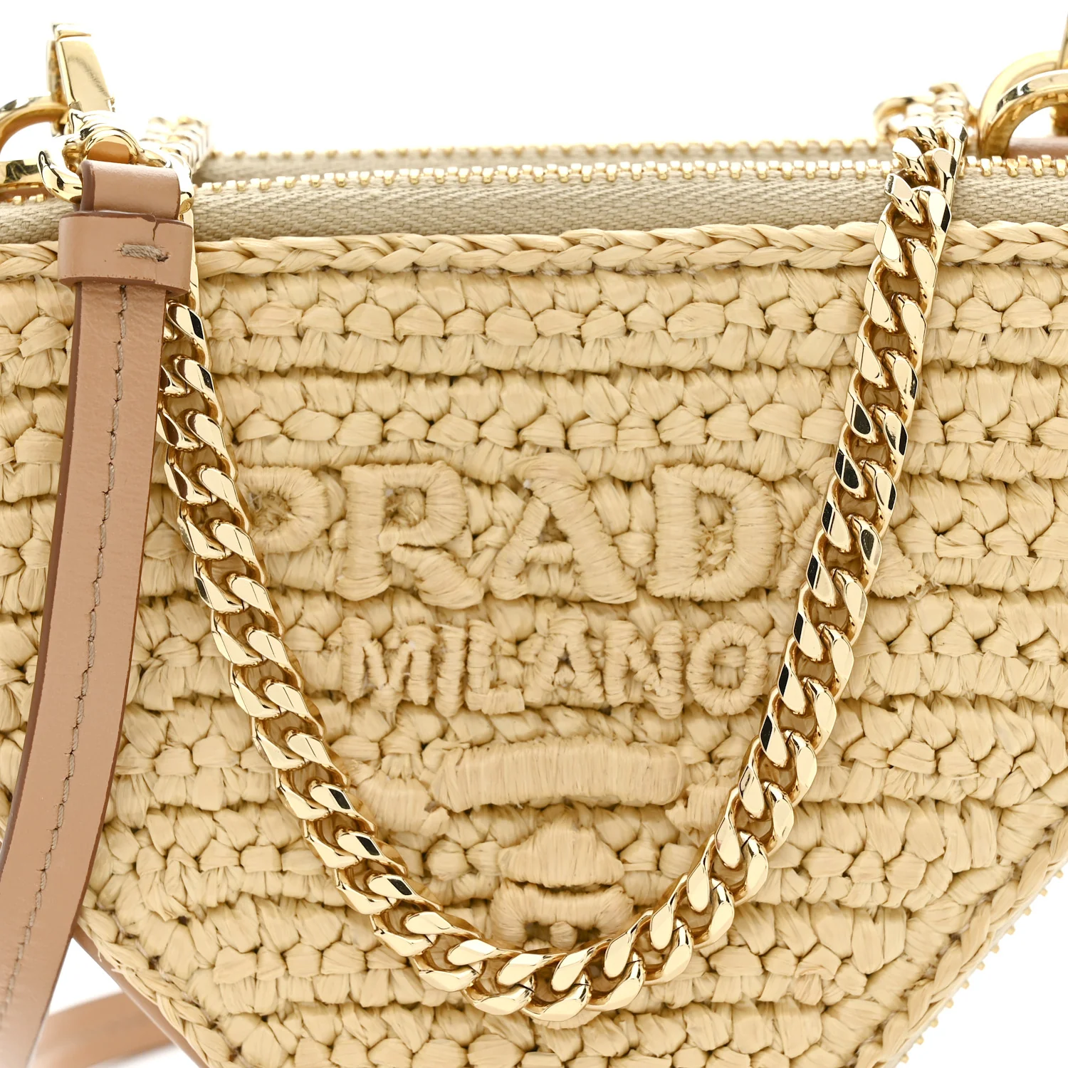 Raffia Calfskin Crochet Logo Embroidered Mini Triangle Crossbody Pouch Naturale - Image 9