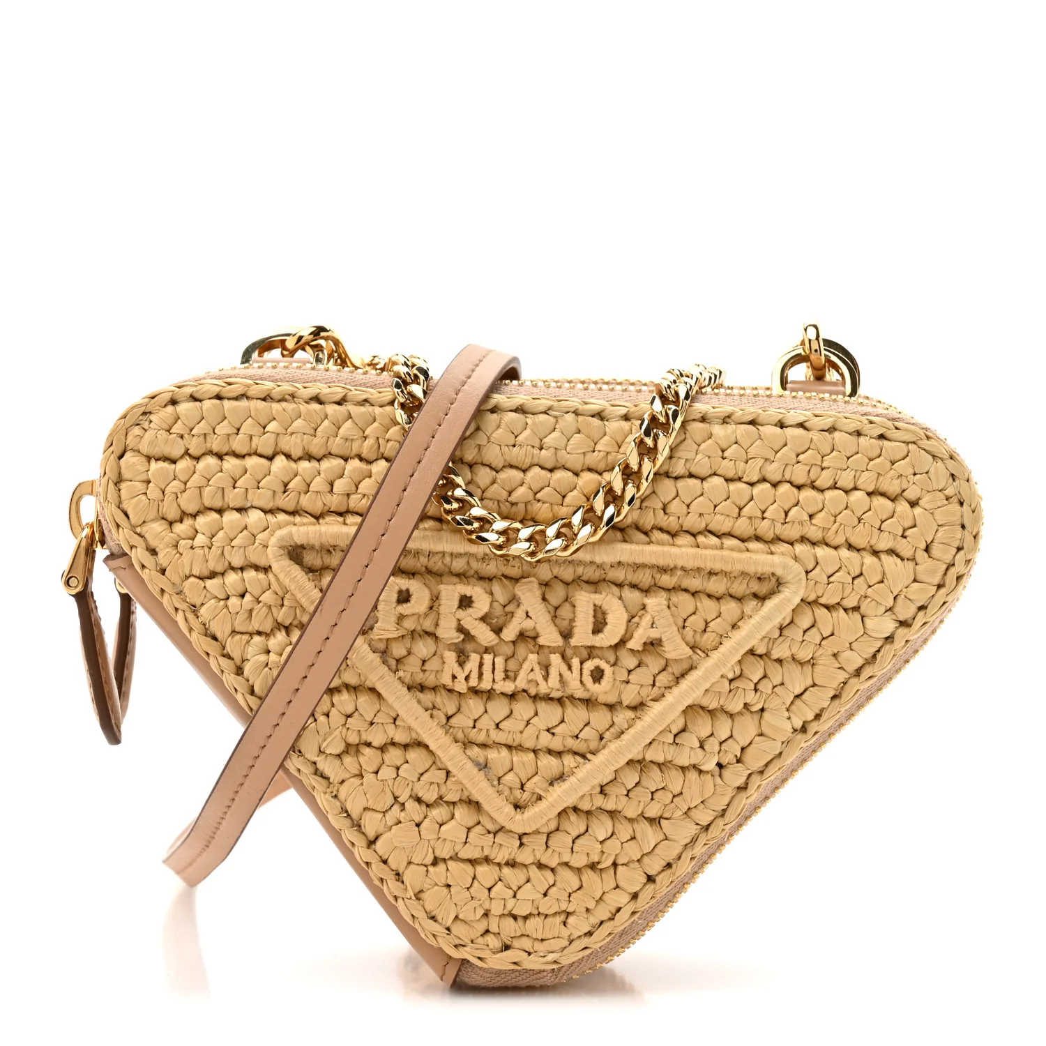 Raffia Calfskin Crochet Logo Embroidered Mini Triangle Crossbody Pouch Naturale