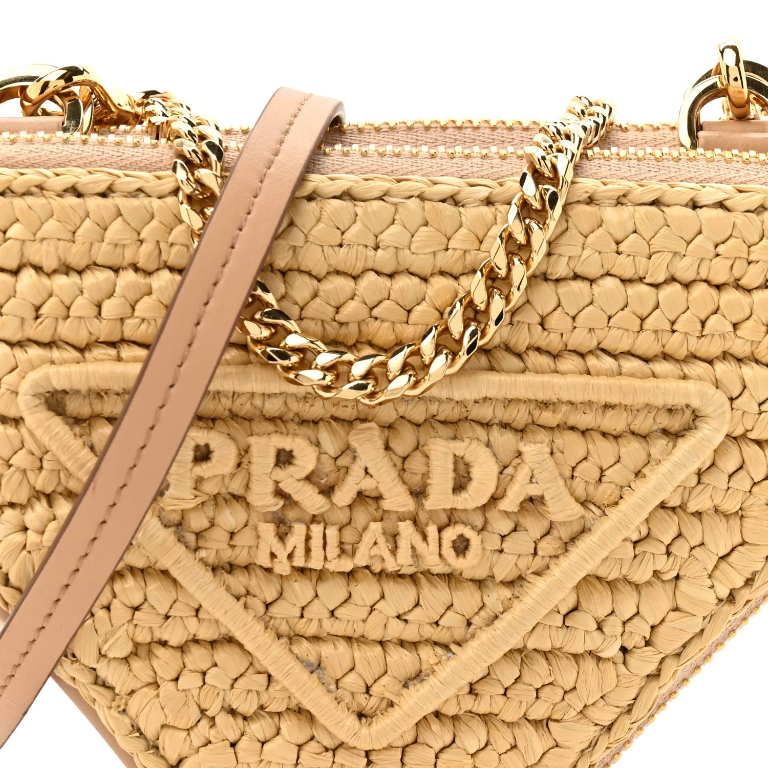 Raffia Calfskin Crochet Logo Embroidered Mini Triangle Crossbody Pouch Naturale - Image 8
