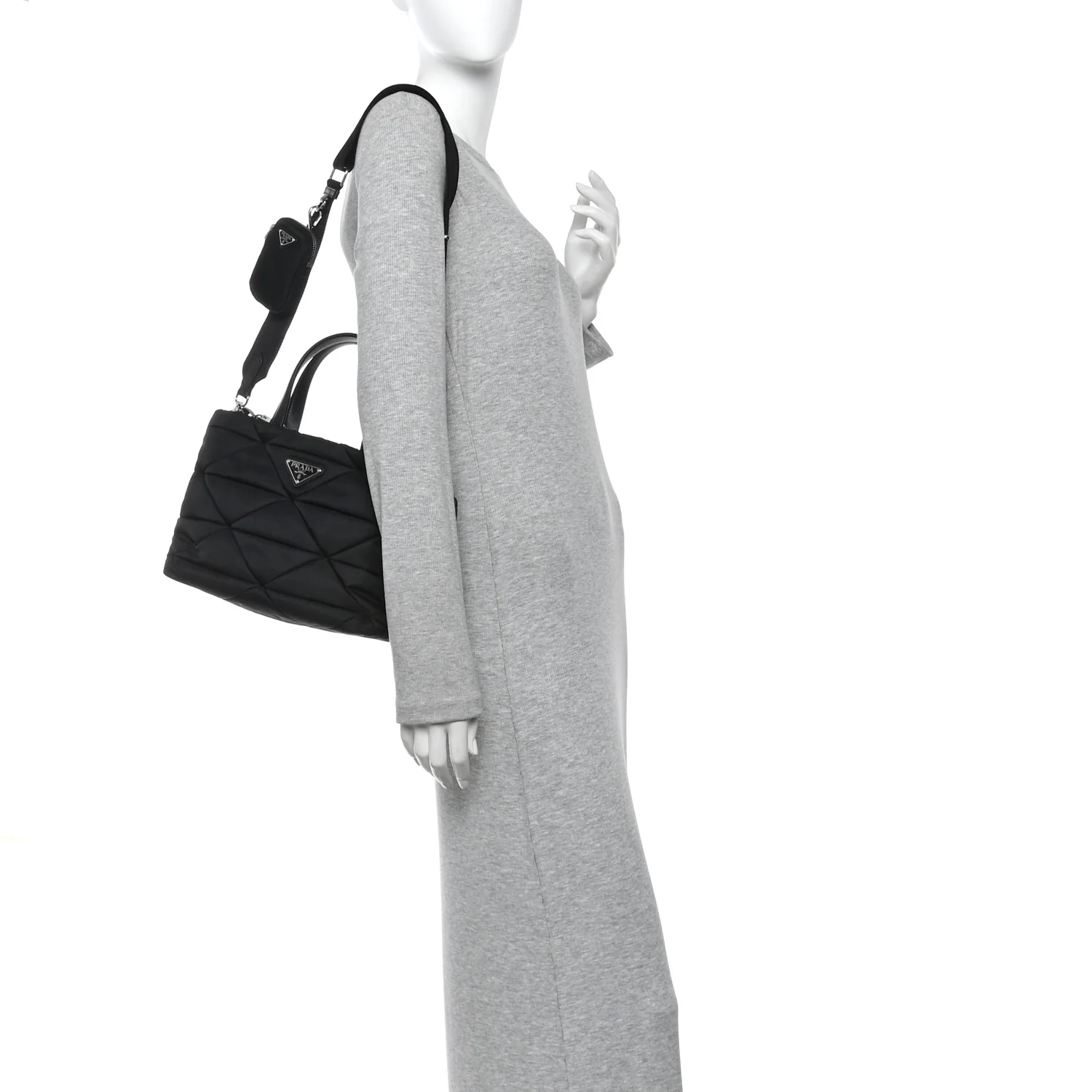 Re-Nylon Nappa Triangle Quilted Padded Double Handled Zip Pocket Tote Black - Image 2