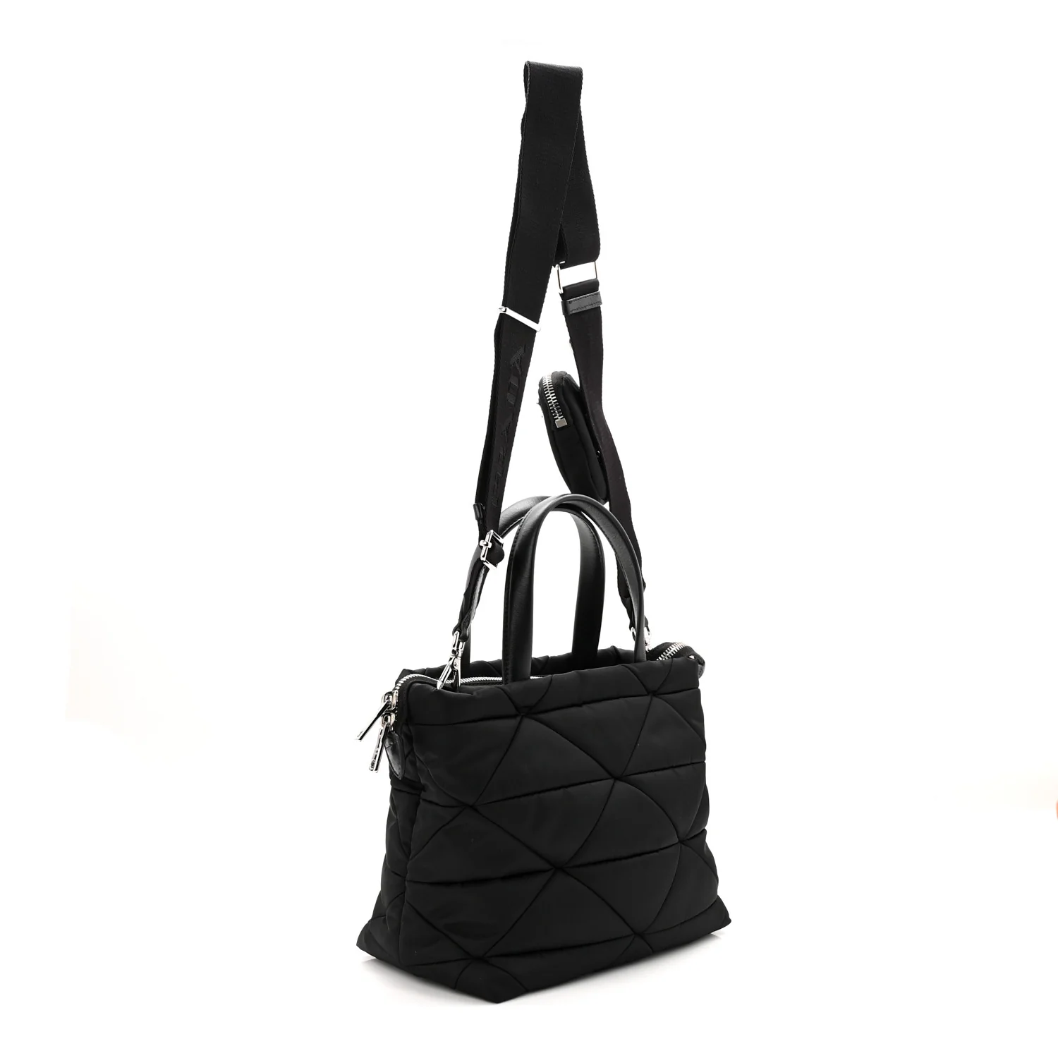 Re-Nylon Nappa Triangle Quilted Padded Double Handled Zip Pocket Tote Black - Image 3